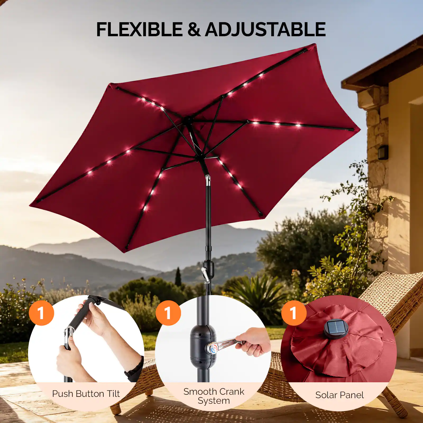FLEXIBLE & ADJUSTABLE

1. Push Button Tilt
1. Smooth Crank System
1. Solar Panel