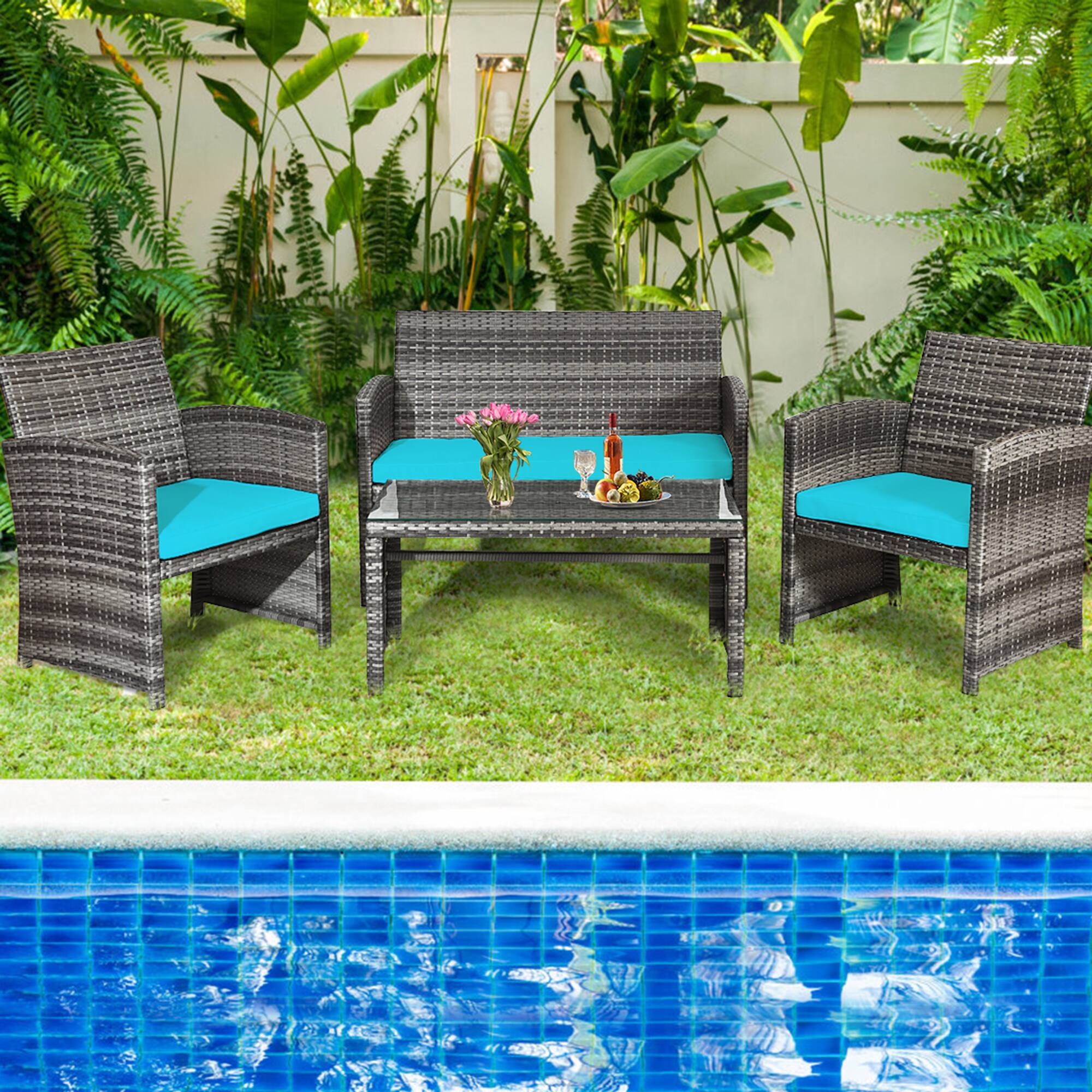 Alt View 4. Gymax - Gymax 8PCS Patio Outdoor Rattan Conversation Furniture Set w/ Turquoise Cushion - Mix Grey.