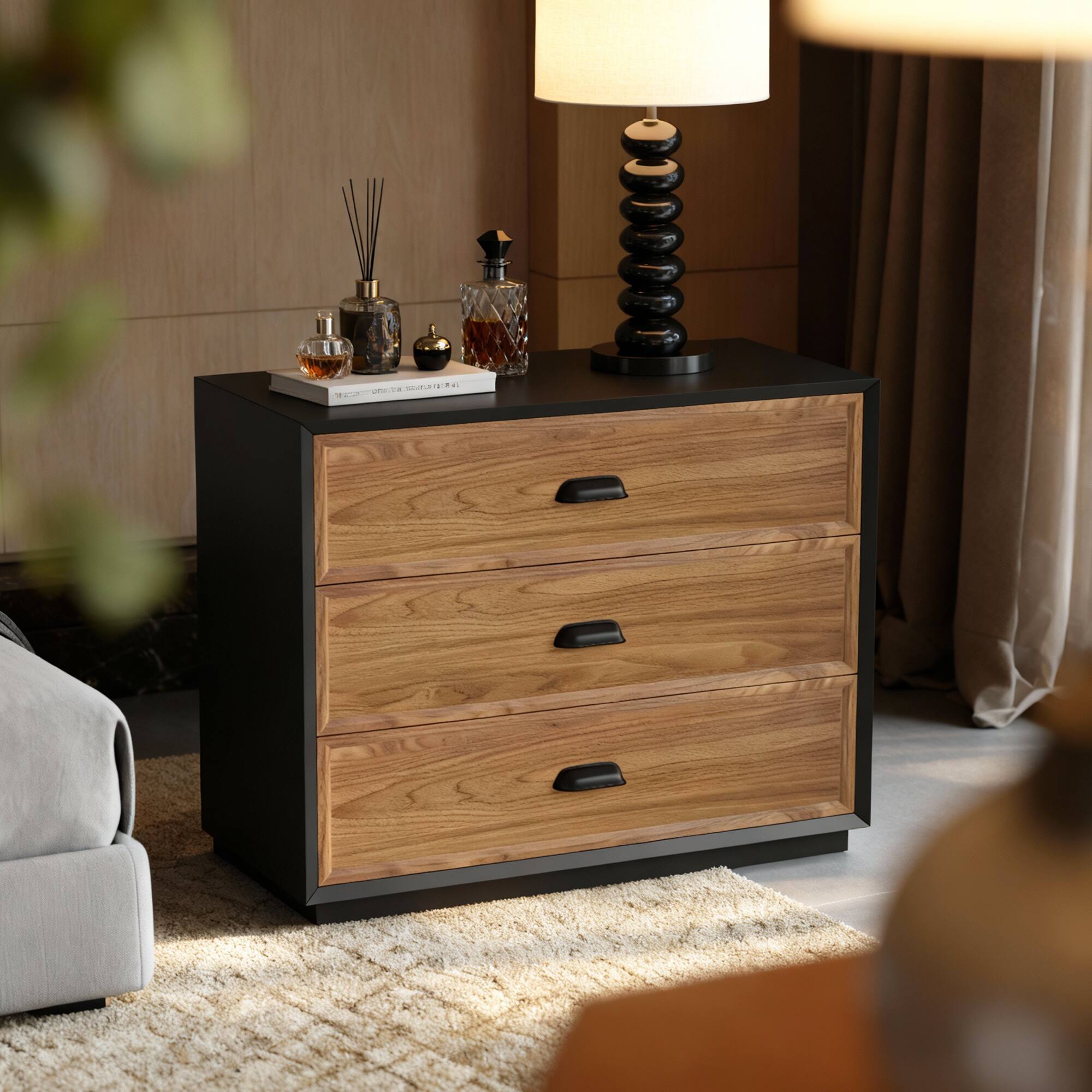 luck idea - Mid-Century Modern 31.49" Solid Wood Nightstand with 3 Drawers, Bedside Table - Walnut Color