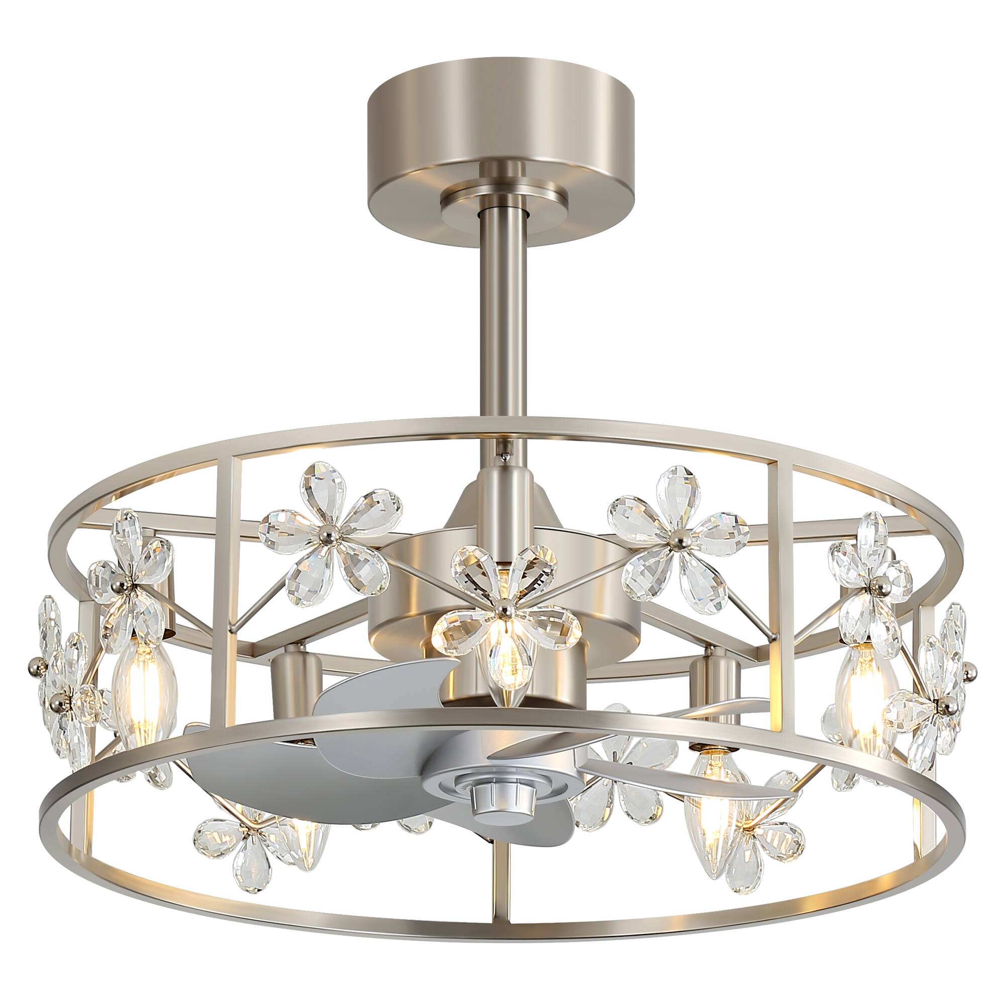 Angle. Breezary - 20-Inch Crystal Cage Ceiling Fan with 5-Light Fixture, ABS Blades, Tilt-Mount Downrod, DC Motor and Remote Control - Satin Nickel and Silver.