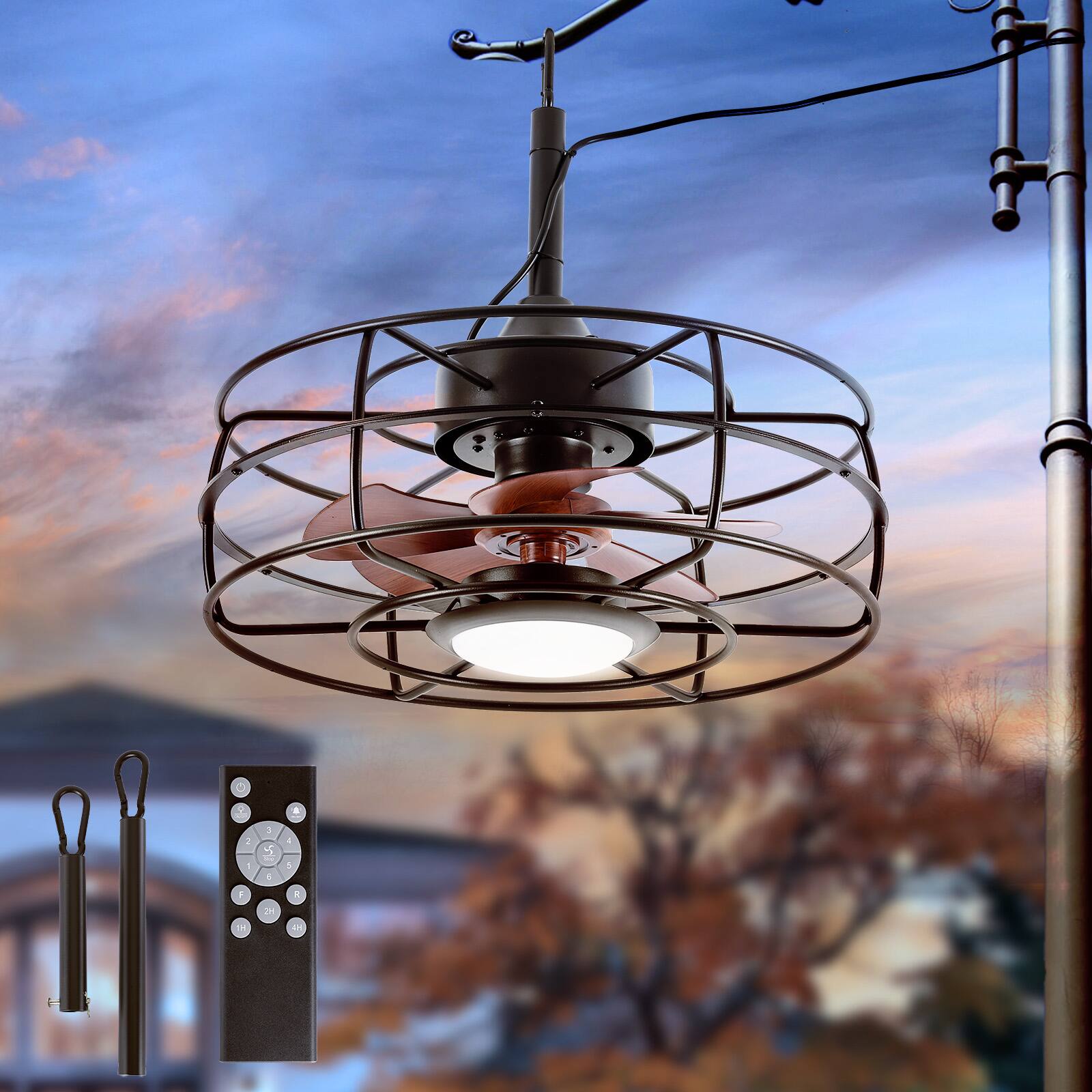 Alt View 2. Domanki - 20" Outdoor Ceiling Fan Outdoor Waterproof, Caged Ceiling Fan with 3 Color LED Light, Plug in Ceiling Fan with Hook - Black.
