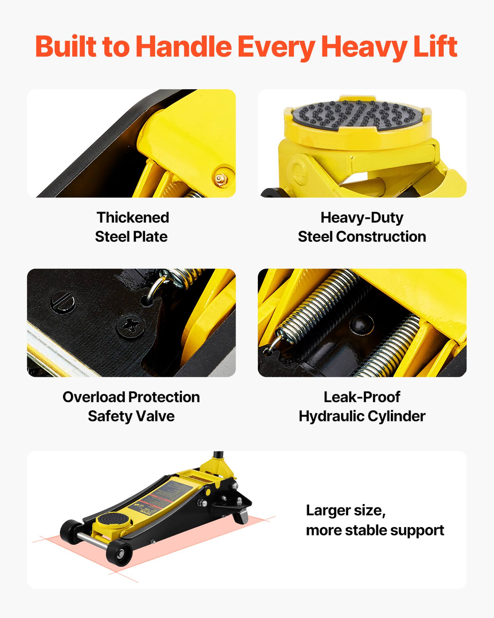 Built to Handle Every Heavy Lift

- Thickened Steel Plate
- Heavy-Duty Steel Construction
- Overload Protection Safety Valve
- Leak-Proof Hydraulic Cylinder
- Larger size, more stable support