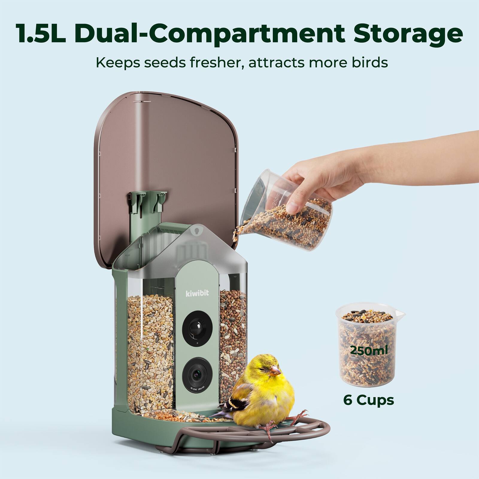1.5L Dual-Compartment Storage  
Keeps seeds fresher, attracts more birds  
250ml - 6 Cups