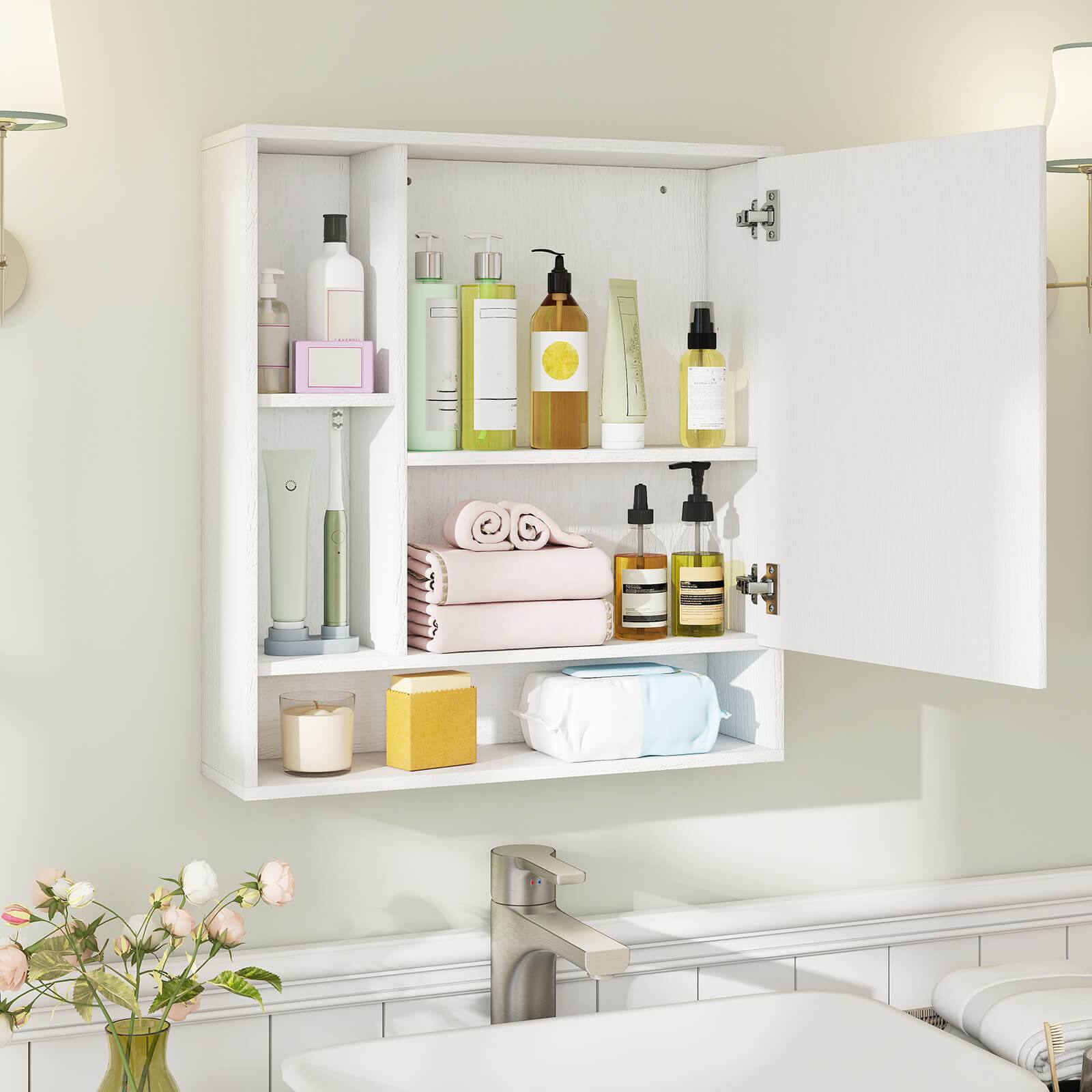 Alt View 3. Costway - Costway Bathroom Wall Cabinet with Mirror, Single Door, 3 Open Shelves & Adjustable Shelf - White.