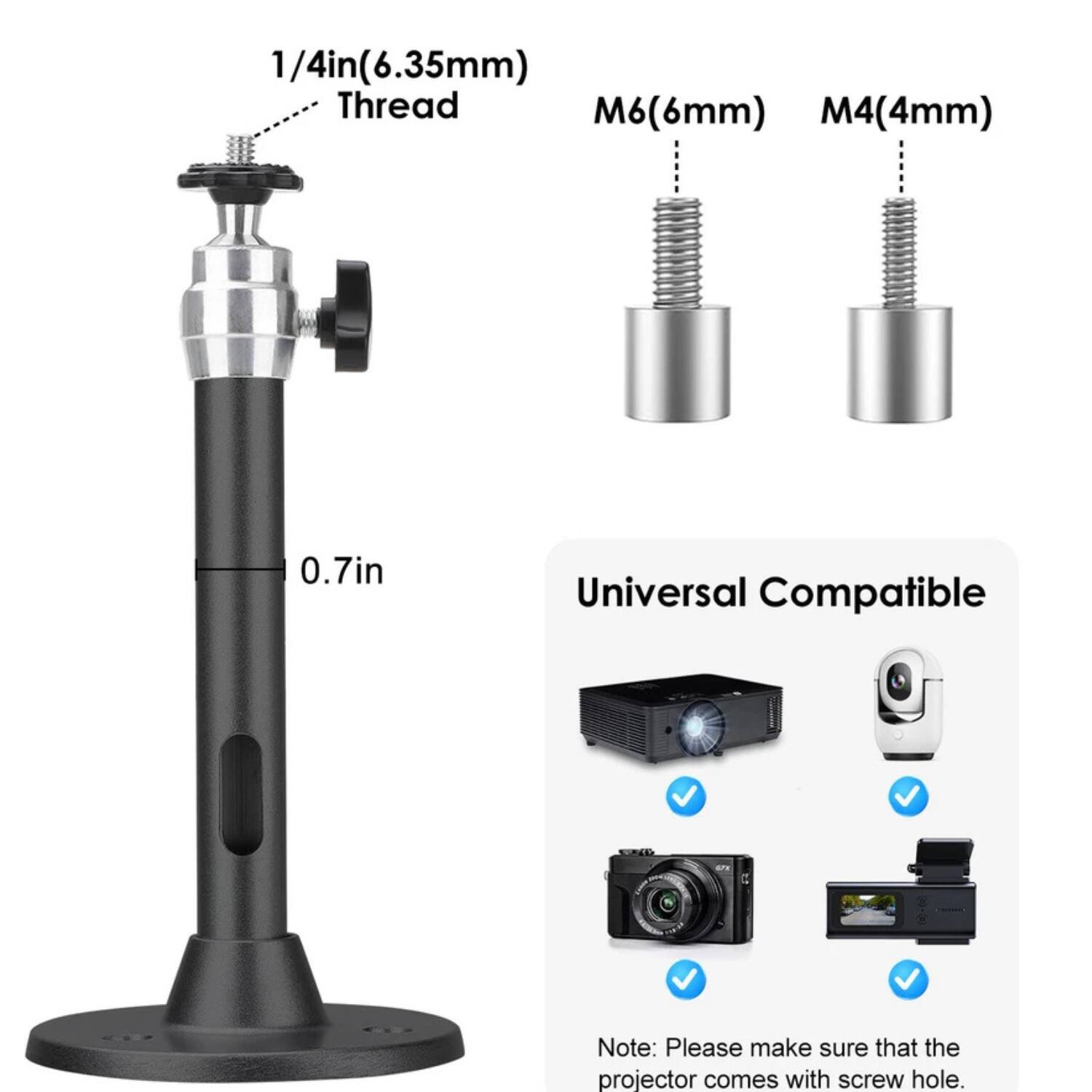 1/4in (6.35mm) Thread  
M6 (6mm)  
M4 (4mm)  

0.7in  

Universal Compatible  

Note: Please make sure that the projector comes with screw hole.