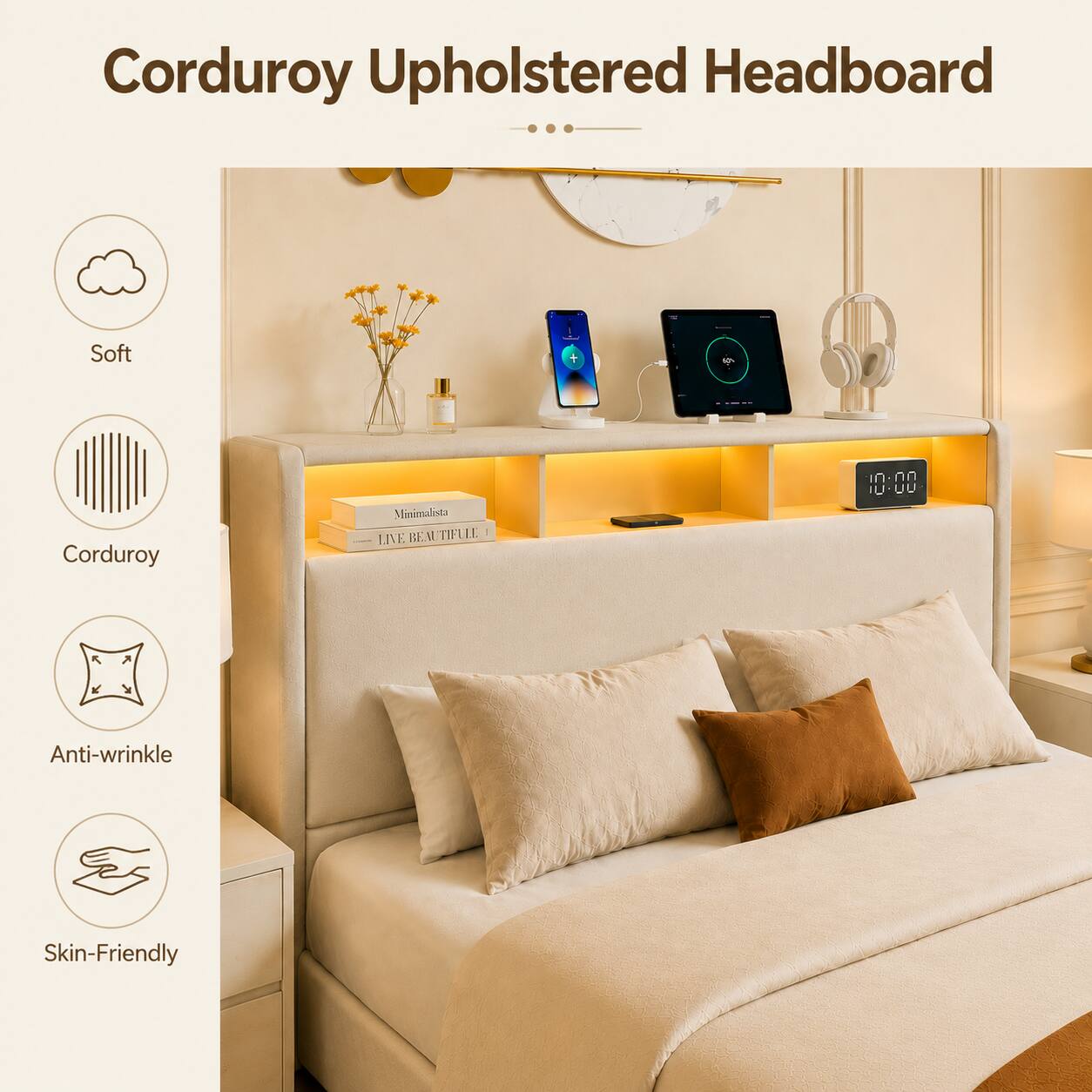Corduroy Upholstered Headboard

Soft
Corduroy
Anti-wrinkle
Skin-Friendly

Minimalista
LIVE BEAUTIFULLY