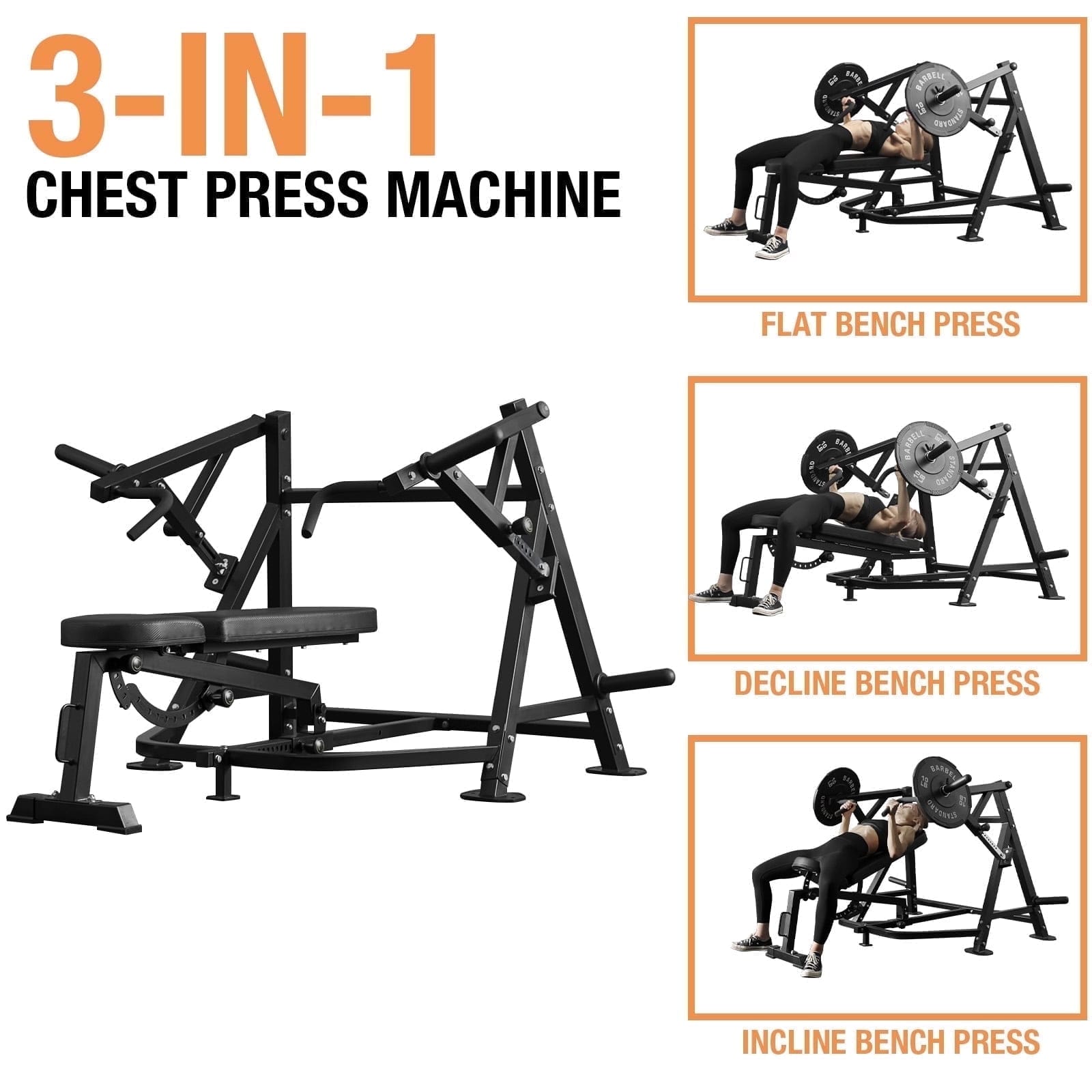 Syedee - 3-in-1 Chest Press Machine, 1500LBS Capacity with Independent Converging Arms,Flexibly Adjustable Bench Position - Black