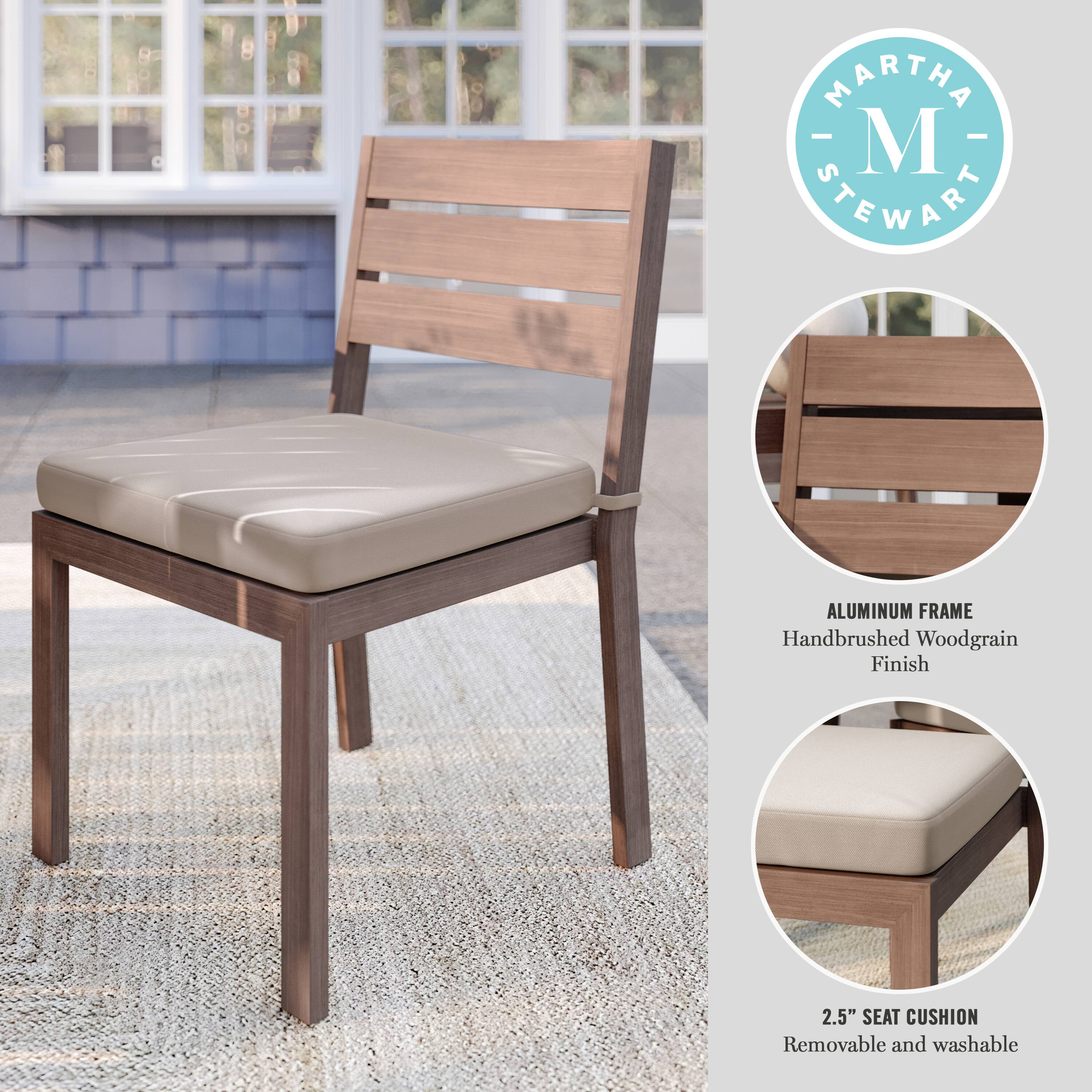 "Martha Stewart aluminum frame handbrushed woodgrain finish 2.5" seat cushion removable and washable."