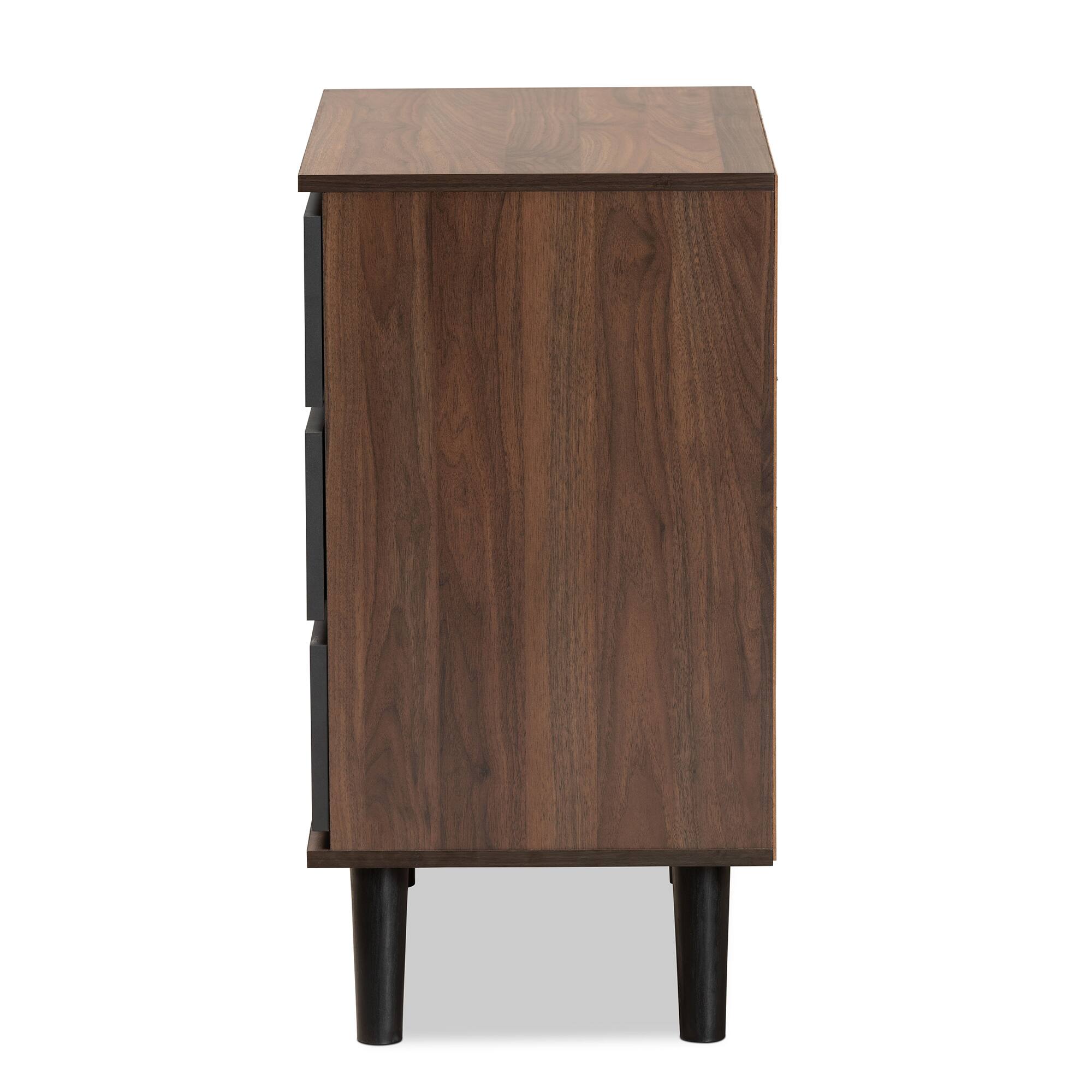 Back. Baxton Studio - Roldan Modern and Contemporary Finished Wood 3-Drawer Bedroom Chest - Grey/Walnut Brown/Black.