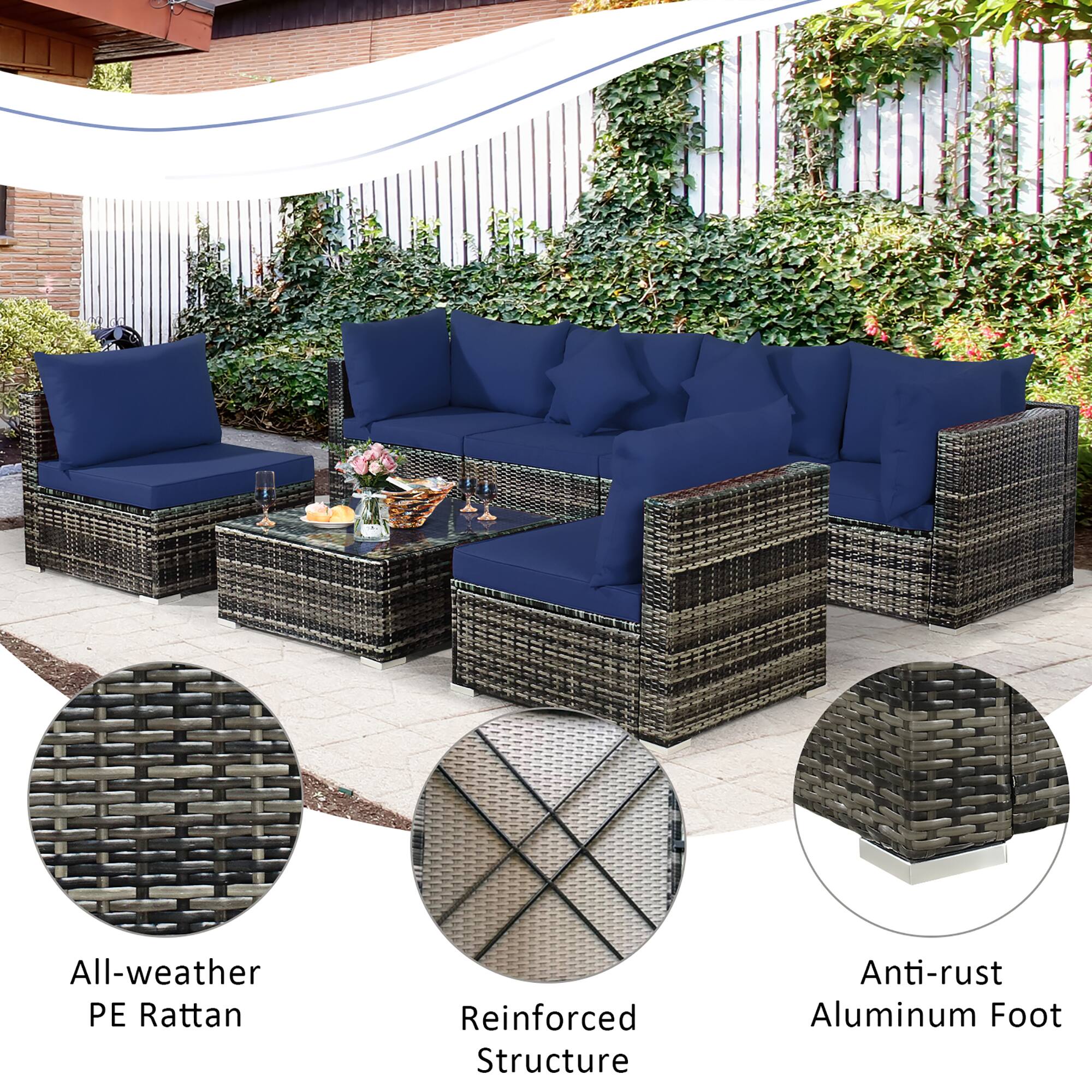 All-weather PE Rattan reinforced structure anti-rust aluminum foot.