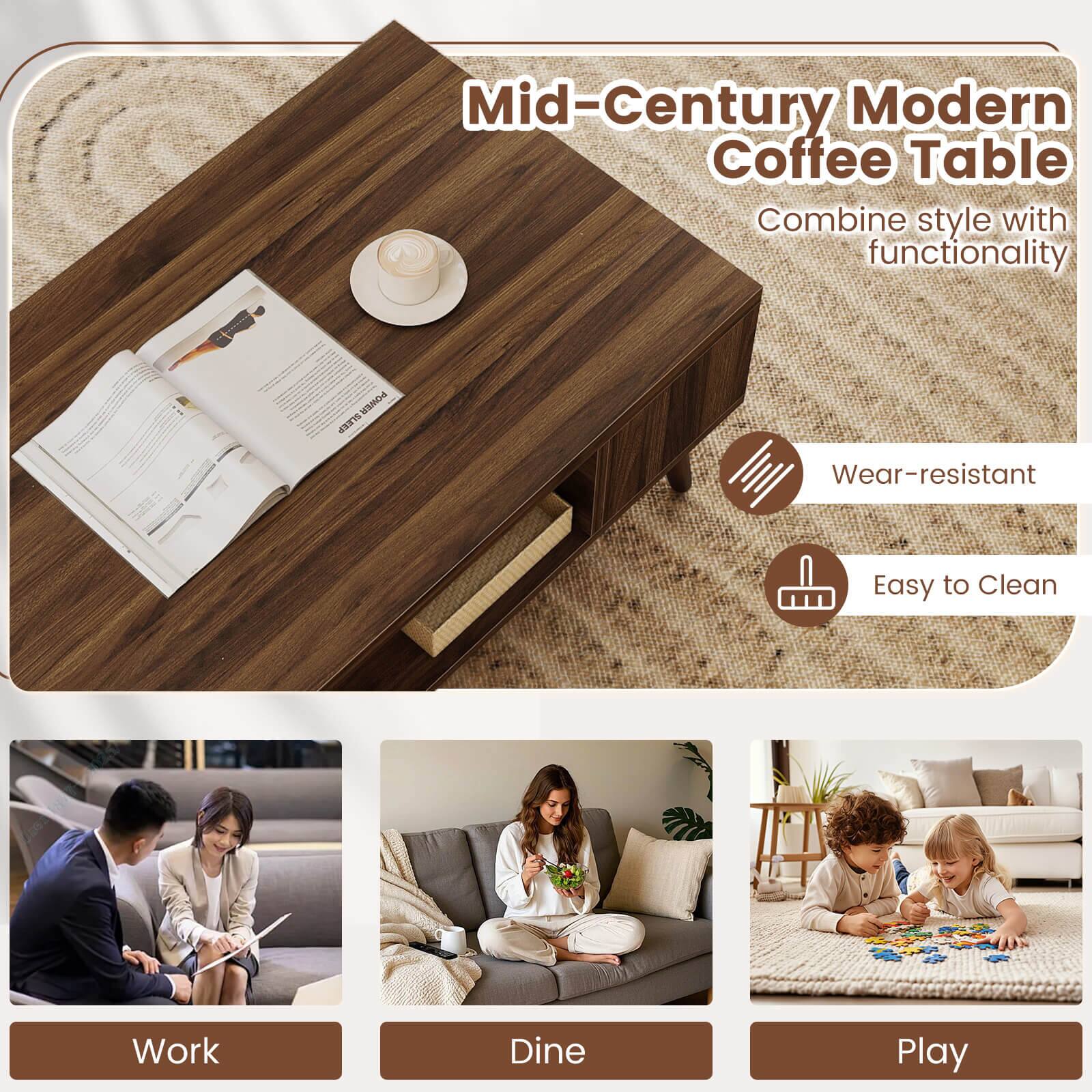 Mid-Century Modern Coffee Table  
Combine style with functionality  

- Wear-resistant  
- Easy to Clean  

Work  
Dine  
Play