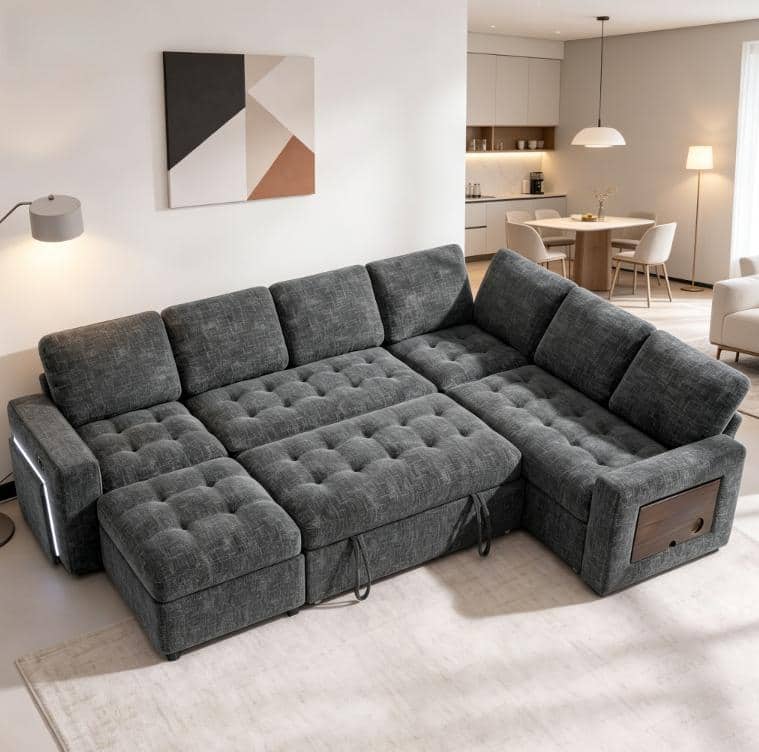 Front. Dyonery - 102" Modular Sectional Sleeper Sofa with Pull Out Bed, Modern 5 Seat L Shaped with Reclining Backrest//USB/LED Light. - Grey.
