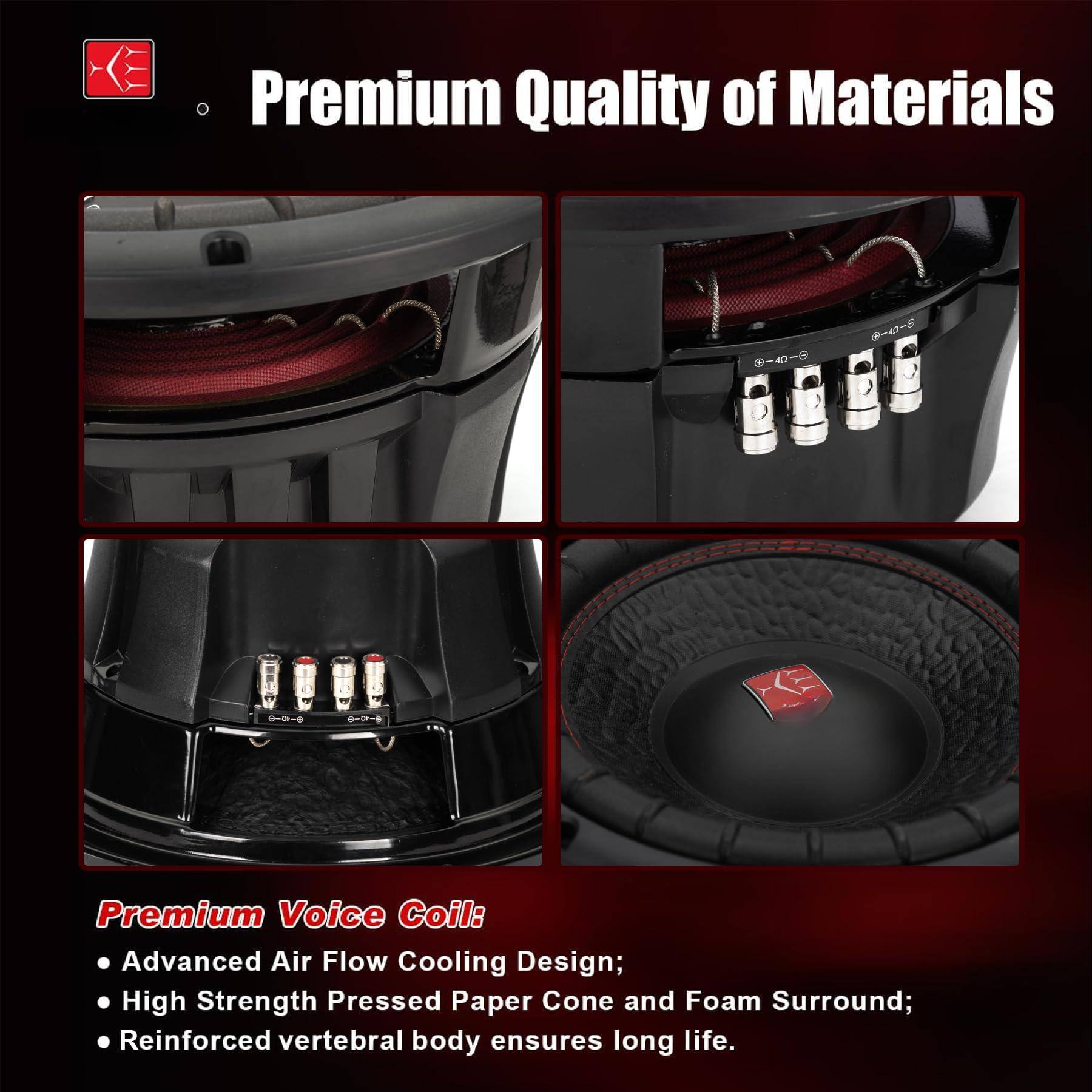 Premium Quality of Materials

Premium Voice Coil:
- Advanced Air Flow Cooling Design;
- High Strength Pressed Paper Cone and Foam Surround;
- Reinforced vertebral body ensures long life.