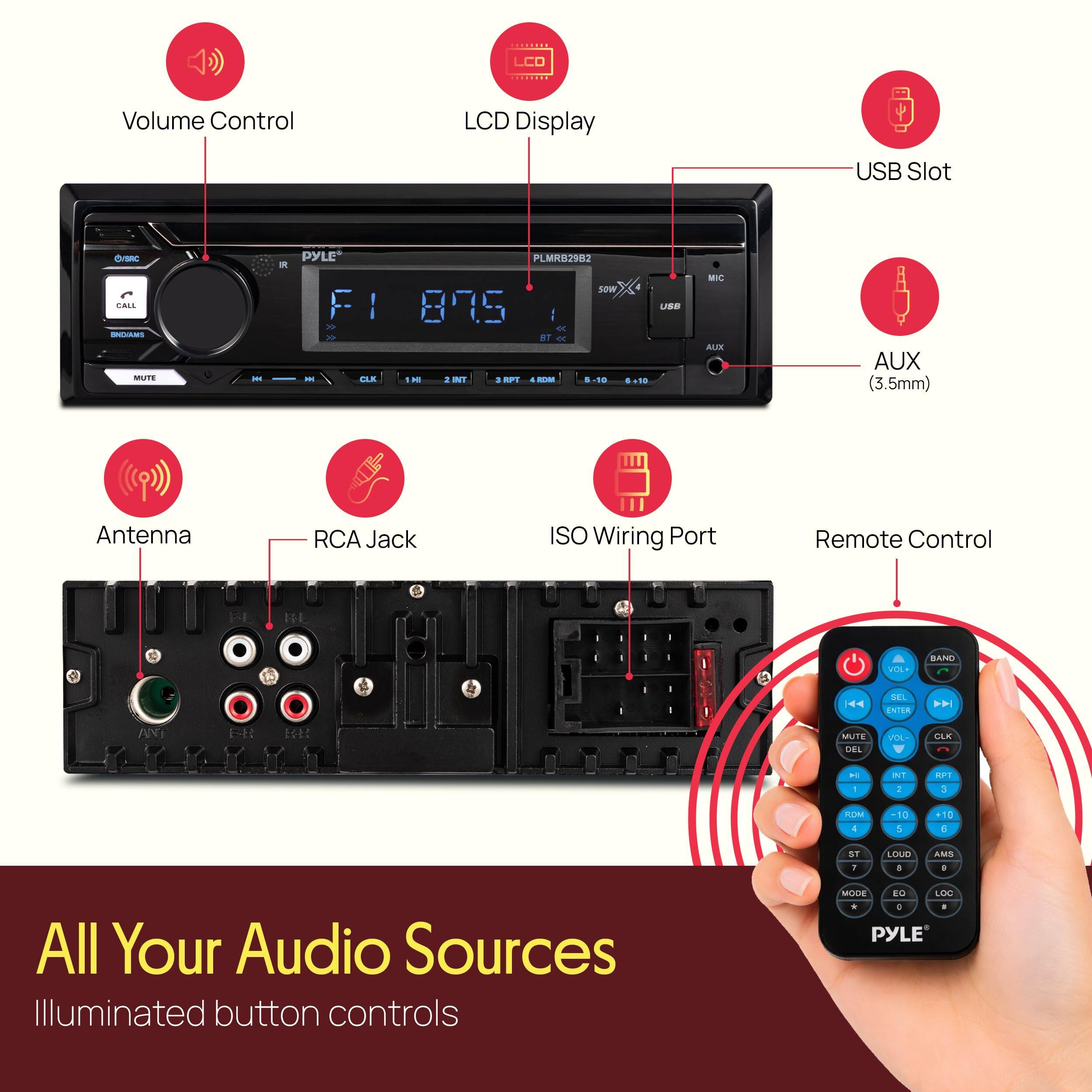 LCO Volume Control LCD Display USB Slot O a - MUTE - . PYLE 2 2 - ! OE P LM29K2 sOW 895 I - 8T o - a - + aI -- + .. 18 LBE - ALIE AUX (3.5mm) Antenna RCA Jack ISO Wiring Port Remote Control I IL - A .. BAND  14L CoEE  ANI ER 9: MUTE CEs VI LUA .. 1 A 2 1 1 CLP . -1. . 10 . N1 1 LOUD 8 AMS . All Your Audio Sources Illuminated button controls MOUE 2O N - a + PYLE

Corrected:

LCO Volume Control LCD Display USB Slot O a - MUTE - . PYLE 2 2 - ! OE P LM29K2 sOW 895 I - 8T o - a - + aI -- + .. 18 LBE - ALIE AUX (3.5mm) Antenna RCA Jack ISO Wiring Port Remote Control I IL - A .. BAND  14L CoEE  ANI ER 9: MUTE CEs