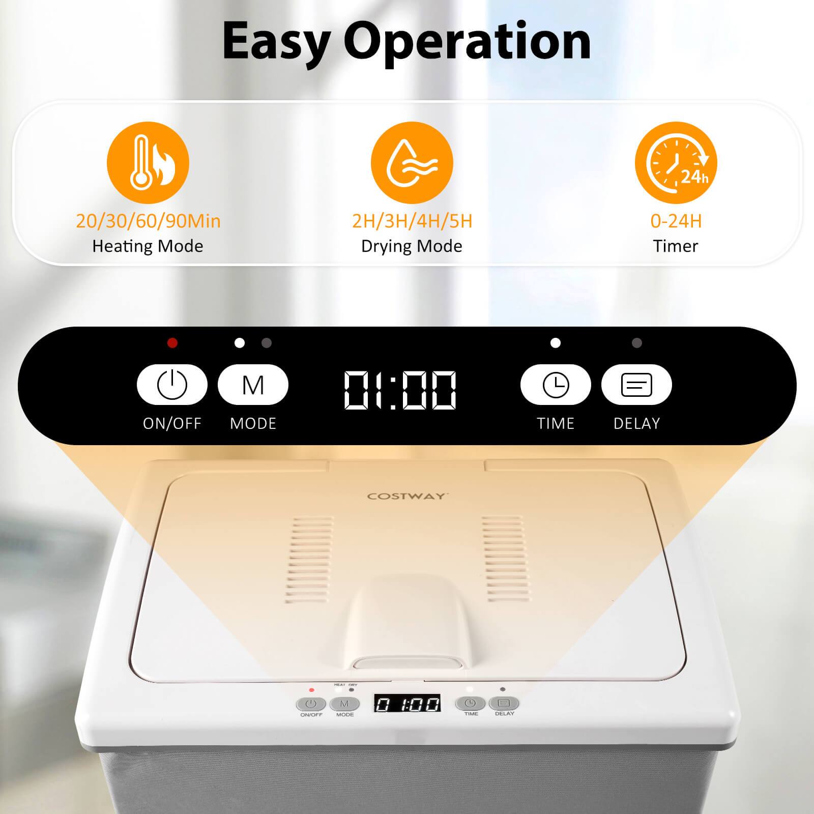 Easy Operation

- 20/30/60/90Min Heating Mode
- 2H/3H/4H/5H Drying Mode
- 0-24H Timer
- ON/OFF MODE
- 01:00 TIME DELAY

COSTWAY - CCE M POU 0 100 0 I 1