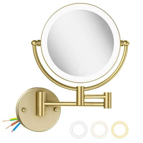Front. Earthley Blooms - Wall Mounted Makeup Mirror With Light And Magnification 7w Higher Brightness Dimmable 1x 10x Double Sided... - Satin Brushed Gold-Direct Wire.