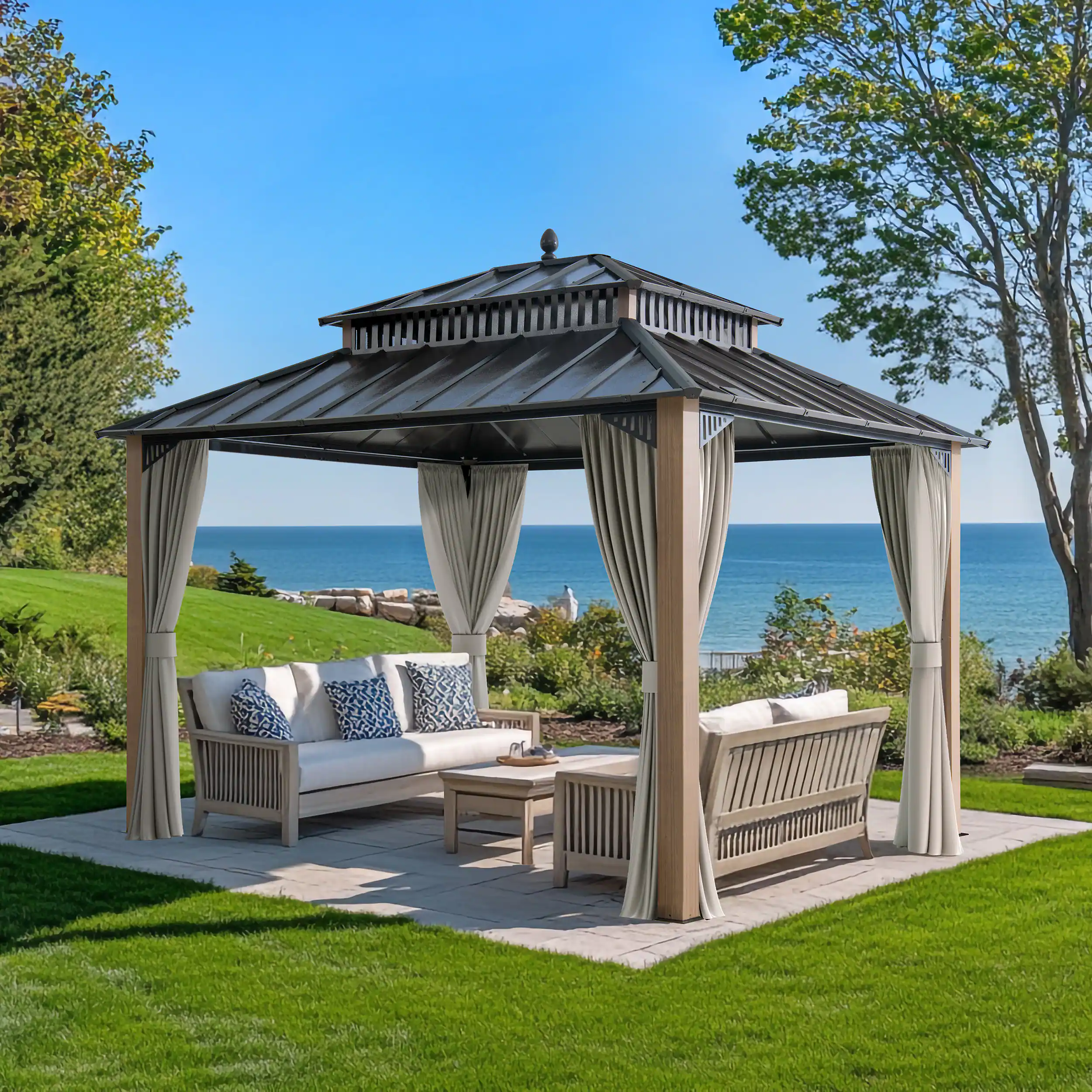 SUNJOY - 12x10 Kingston Hardtop Rectangular Gazebo Wood Grain