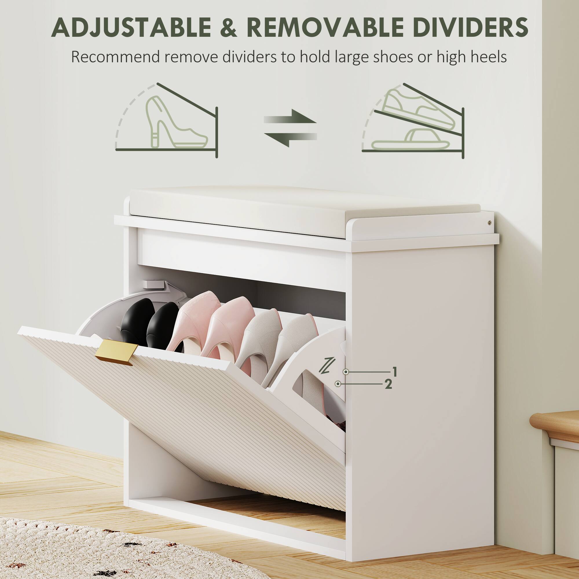 ADJUSTABLE & REMOVABLE DIVIDERS Recommend remove dividers to hold large shoes or high heels ZL 1 2