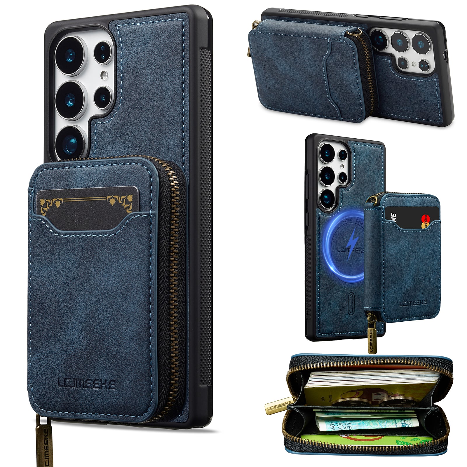 Dteck - 2-in-1 Magnetic Detachable Zipper Wallet Case for Samsung Galaxy S26 Ultra, RFID Blocking PU Leather Phone Cover - Blue