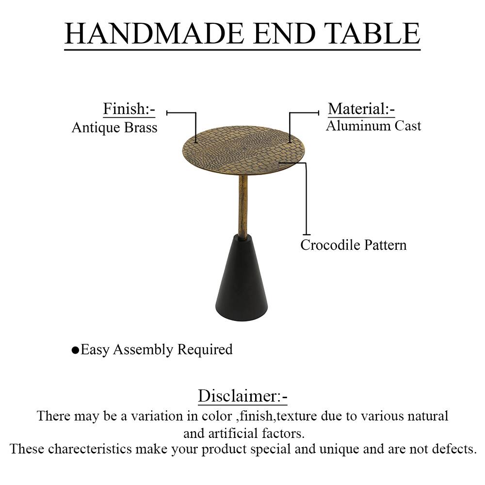 HANDMADE END TABLE

Finish:- Antique Brass
Material:- Aluminum Cast
Crocodile Pattern
Easy Assembly Required

Disclaimer:- There may be a variation in color, finish, texture due to various natural and artificial factors. These characteristics make your product special and unique and are not defects.