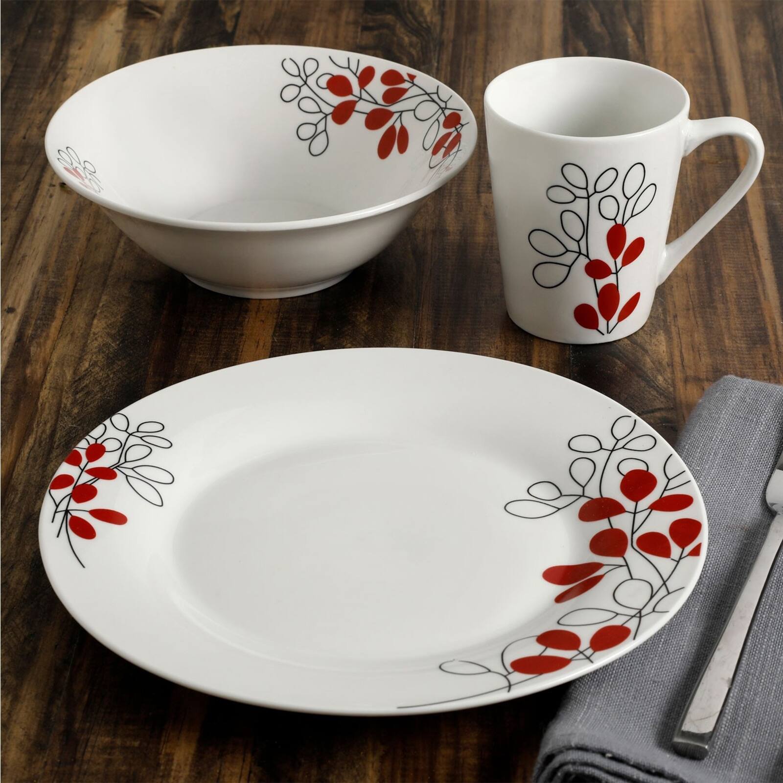 Alt View 5. Gibson - Gibson Scarlet Leaves 12 pc Dinnerware Set - White and Red.