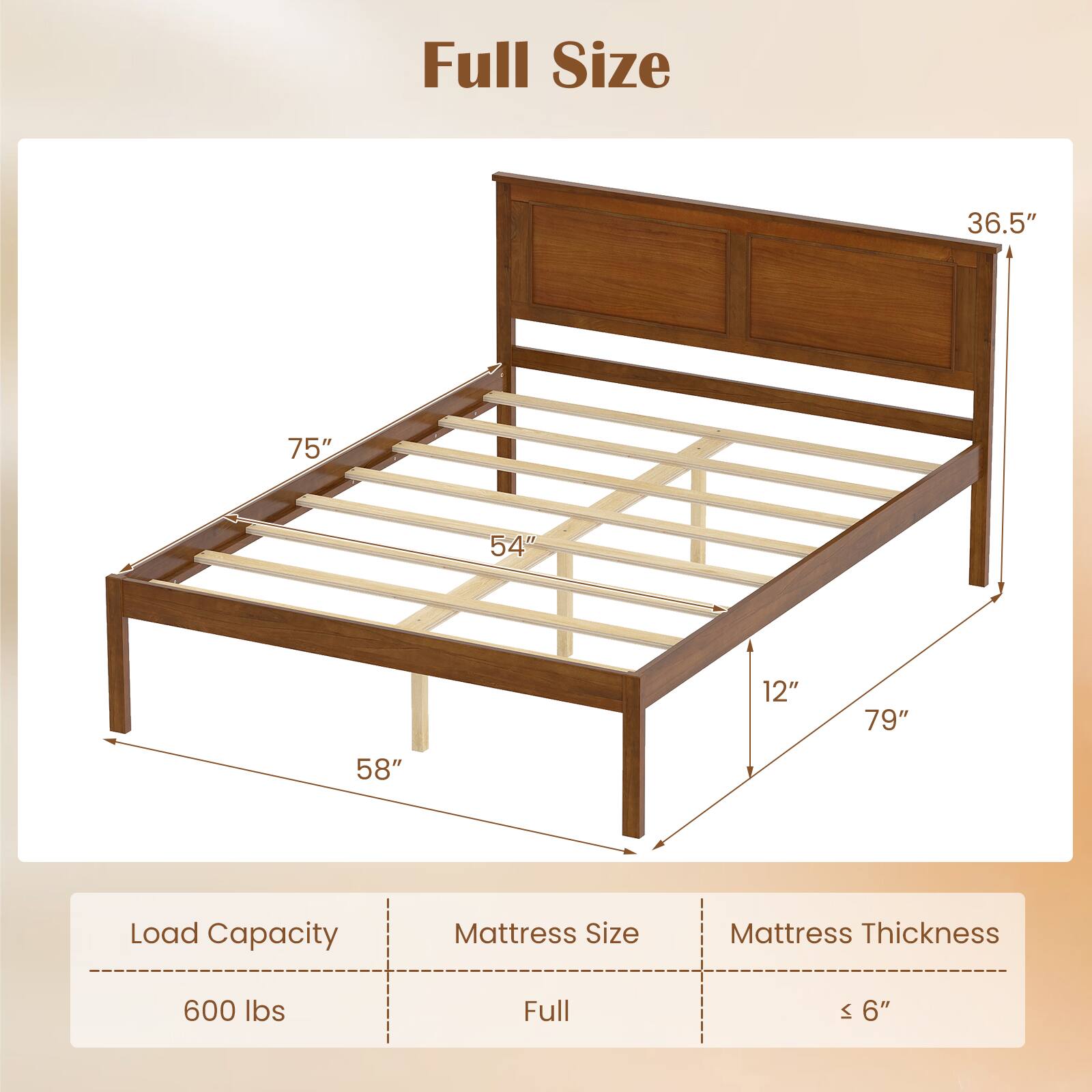 Full Size

- Full Size
- Load Capacity: 600 lbs
- Mattress Size: Full
- Mattress Thickness: ≤ 6"
- Dimensions:
  - Length: 75"
  - Width: 54"
  - Height: 36.5"
  - Depth: 79"
  - Height from floor: 12"
  - Height from base to top rail: 58"