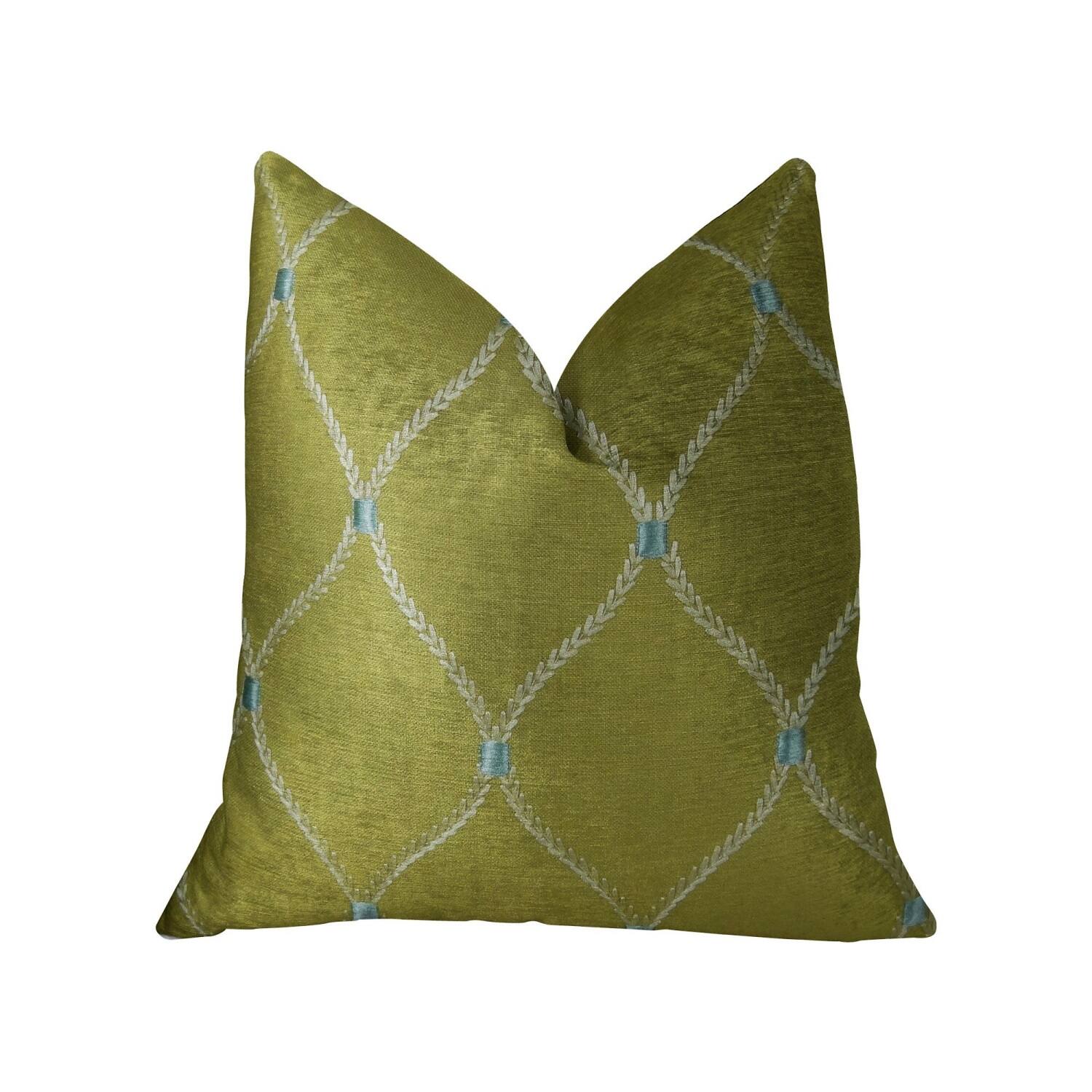 Front. Plutus Brands - Dewdrop Handmade Throw Pillow (16" x 16") - Taupe, White, Blue.