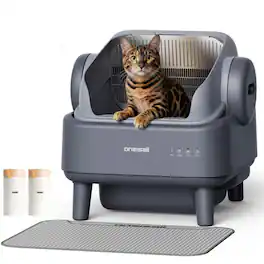 Oneisall - Large Self-Cleaning Automatic Cat Litter Box : 4 Layer Safety Sensor, Washable Liner, Open Top, 11L Bin, 40 Waste Bags - Gray