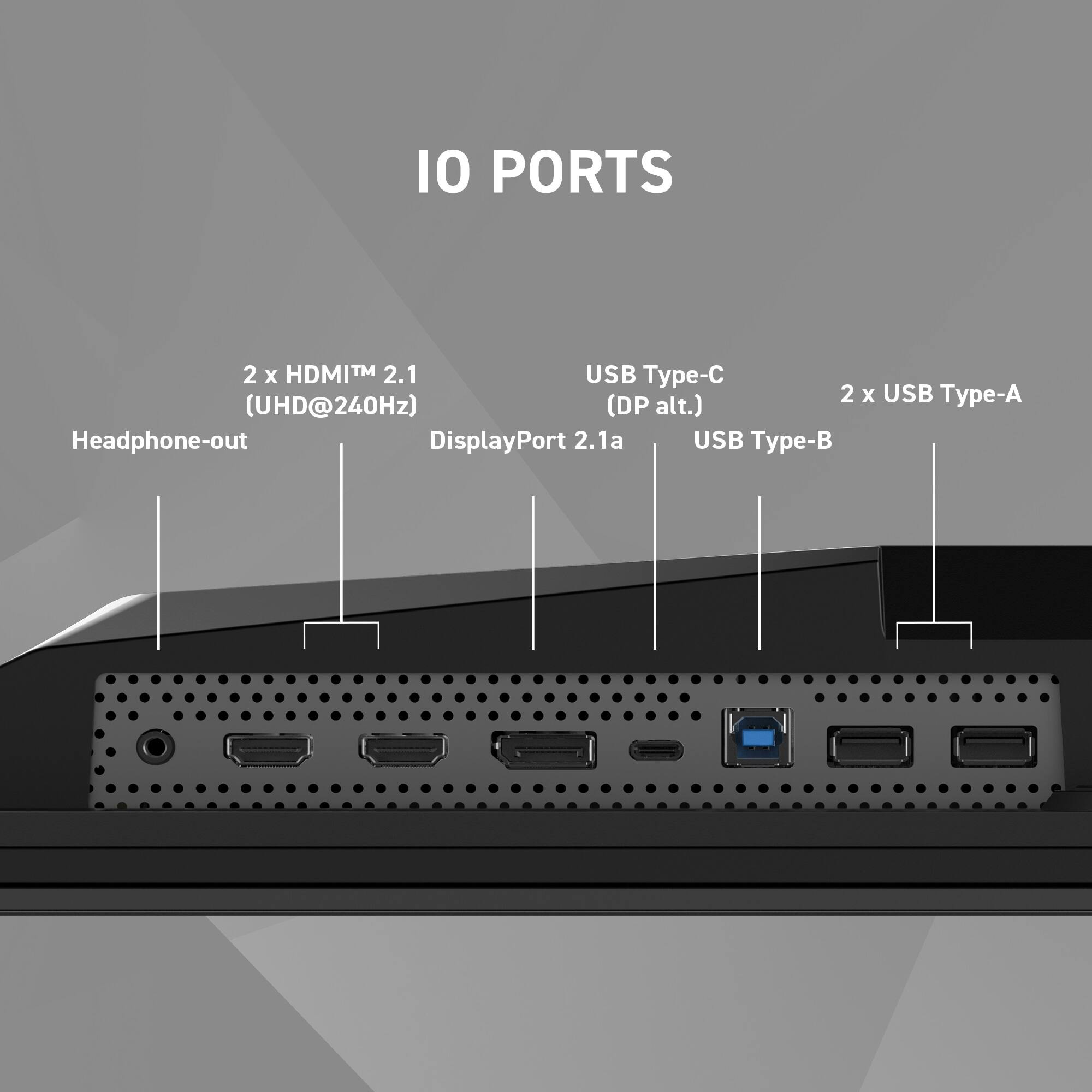 IO PORTS: 2 x HDMI 2.1, 2 x USB Type-C, 2 x USB Type-A (UHD@240Hz) (DP alt.), Headphone-out, DisplayPort 2.1a, USB Type-B.
