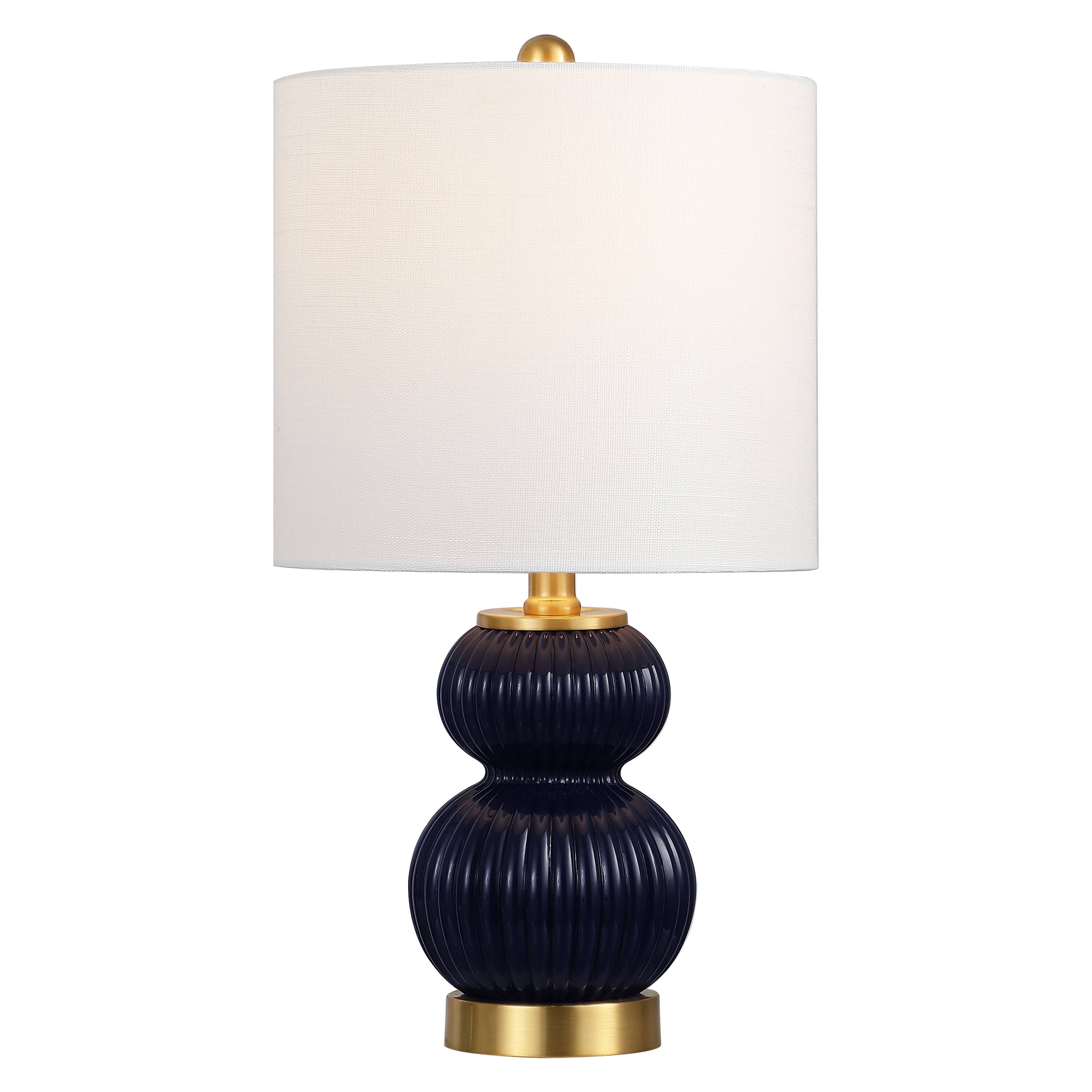 Front. Jonathan Y - Daphne 20" Contemporary Transitional Metal/Glass Ribbed Gourd LED Table Lamp, Navy/Brass Gold - Navy.