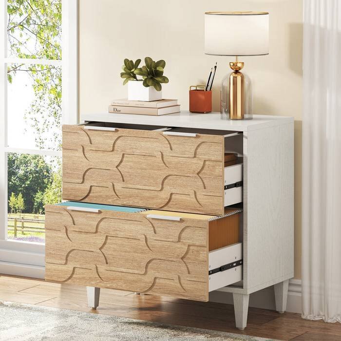 Angle. SlickBlue - Modern Wood Cabinet – 2-Drawer Filing and Printer Stand Storage - Natural.