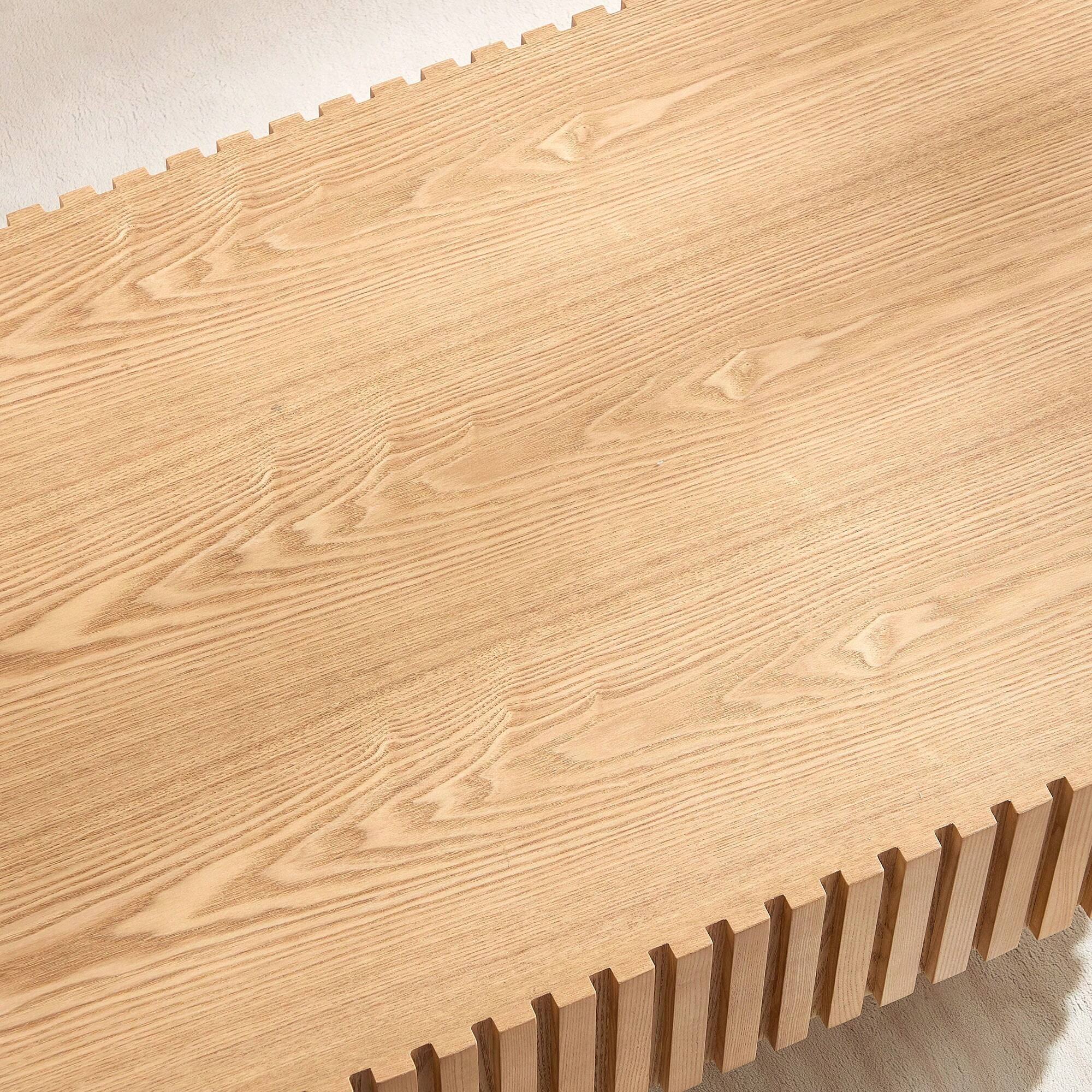 Left. Trinkets Crazed - Round Fluted Coffee Table, Mid Century Modern Irregular Large 43.7 Inch Wood Drum Design - Natural.