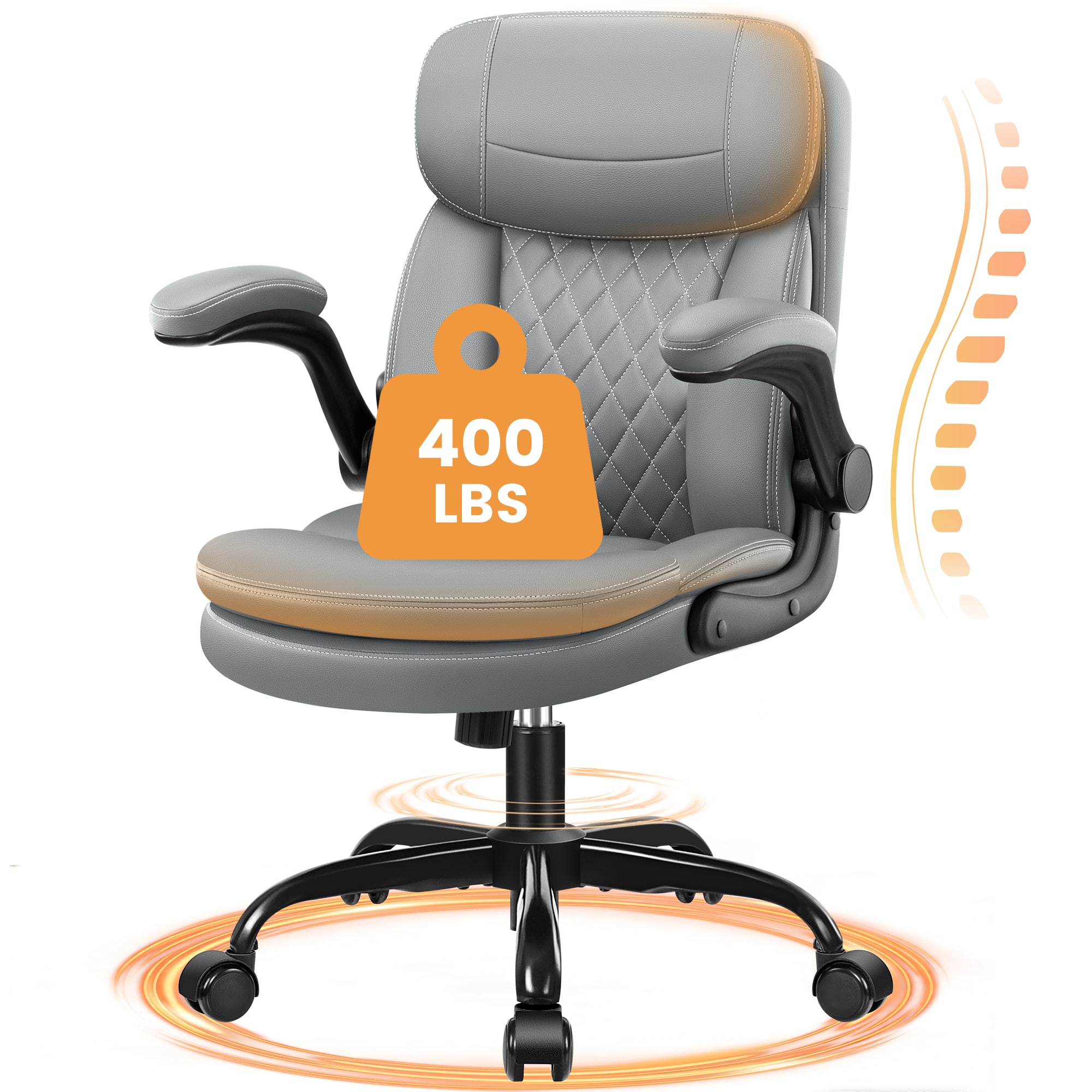 Brick Attic - Ergonomic Leather Office Chair with Adjustable Armrests,PU Computer Desk Chair with Double-Layer Seat Cushion - Gray