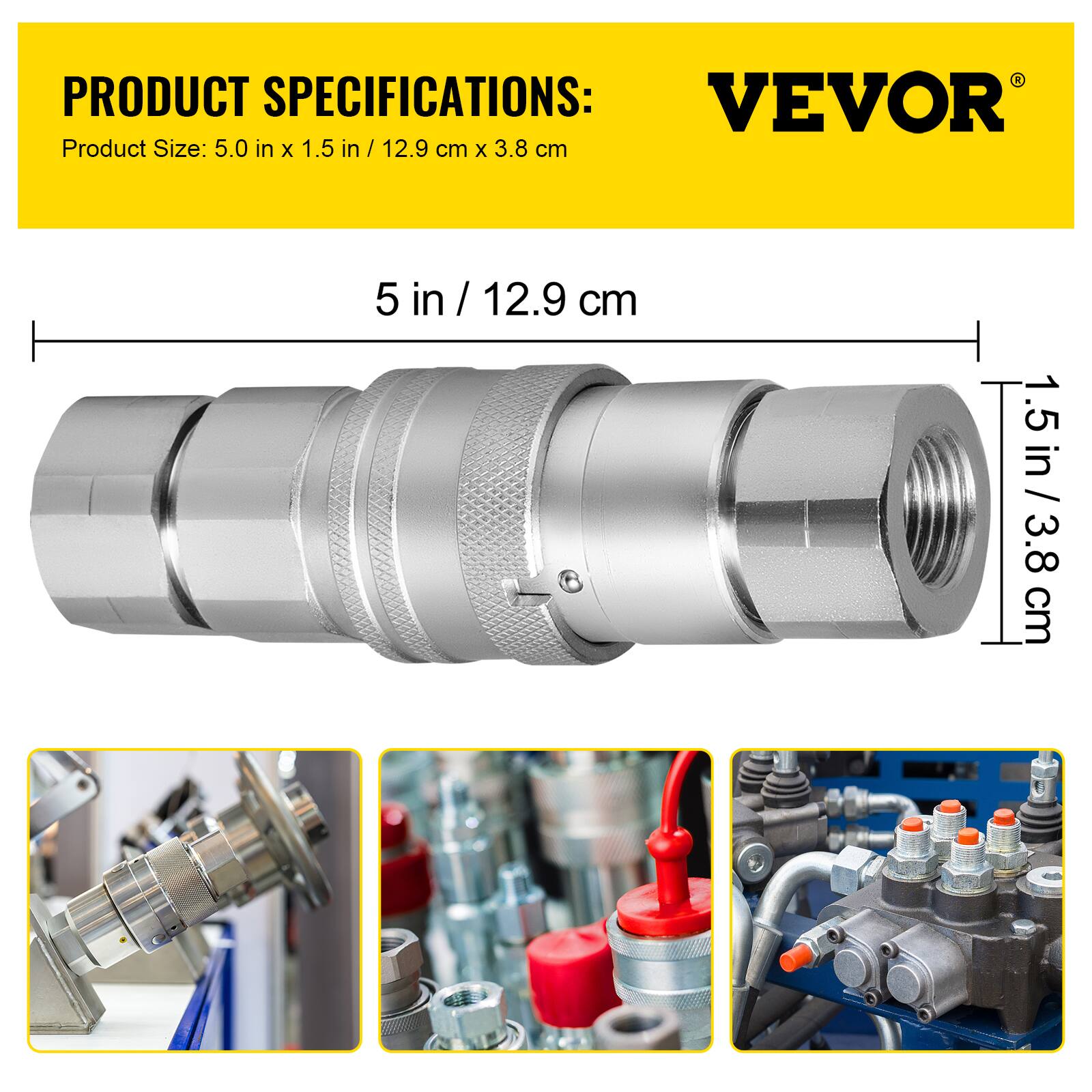 PRODUCT SPECIFICATIONS:  
VEVOR  
Product Size: 5.0 in x 1.5 in / 12.9 cm x 3.8 cm  

5 in / 12.9 cm  
1.5 in / 3.8 cm