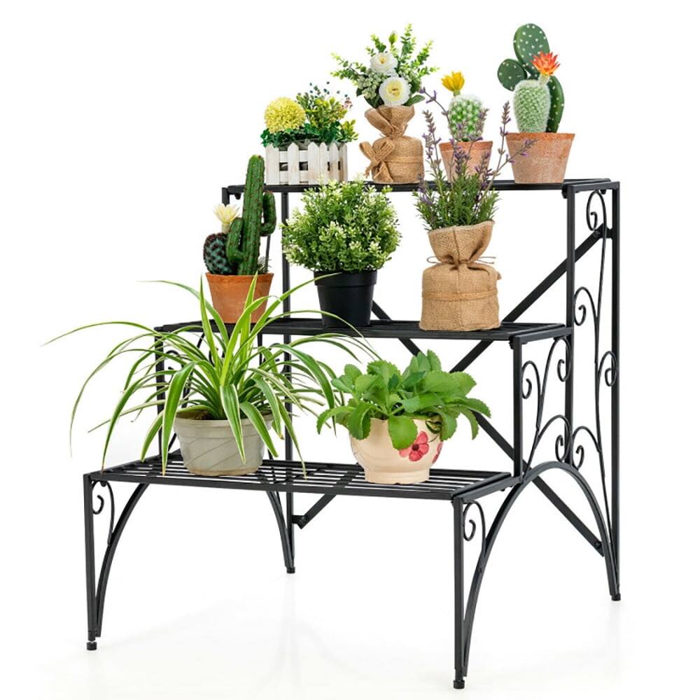 Back. Pefilos - 3-Tier Metal Plant Stand with Widened Grid Shelf for Porch Garden-Black, Flower Pot Stand for Planter Corner Garden - Black.