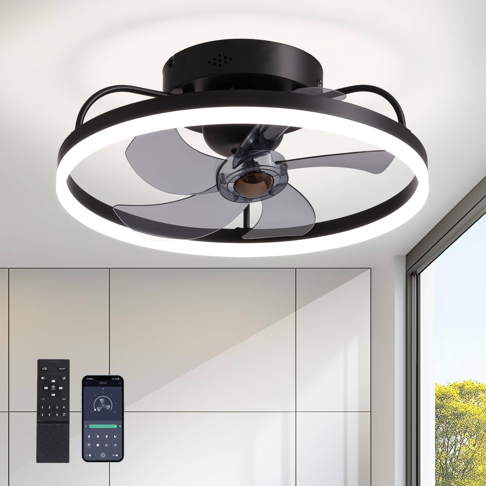 Front. Siljoy - 20" Flush Mount Ceiling Fan: 360° Rotate, 6 Speeds + Light & Remote - Black.
