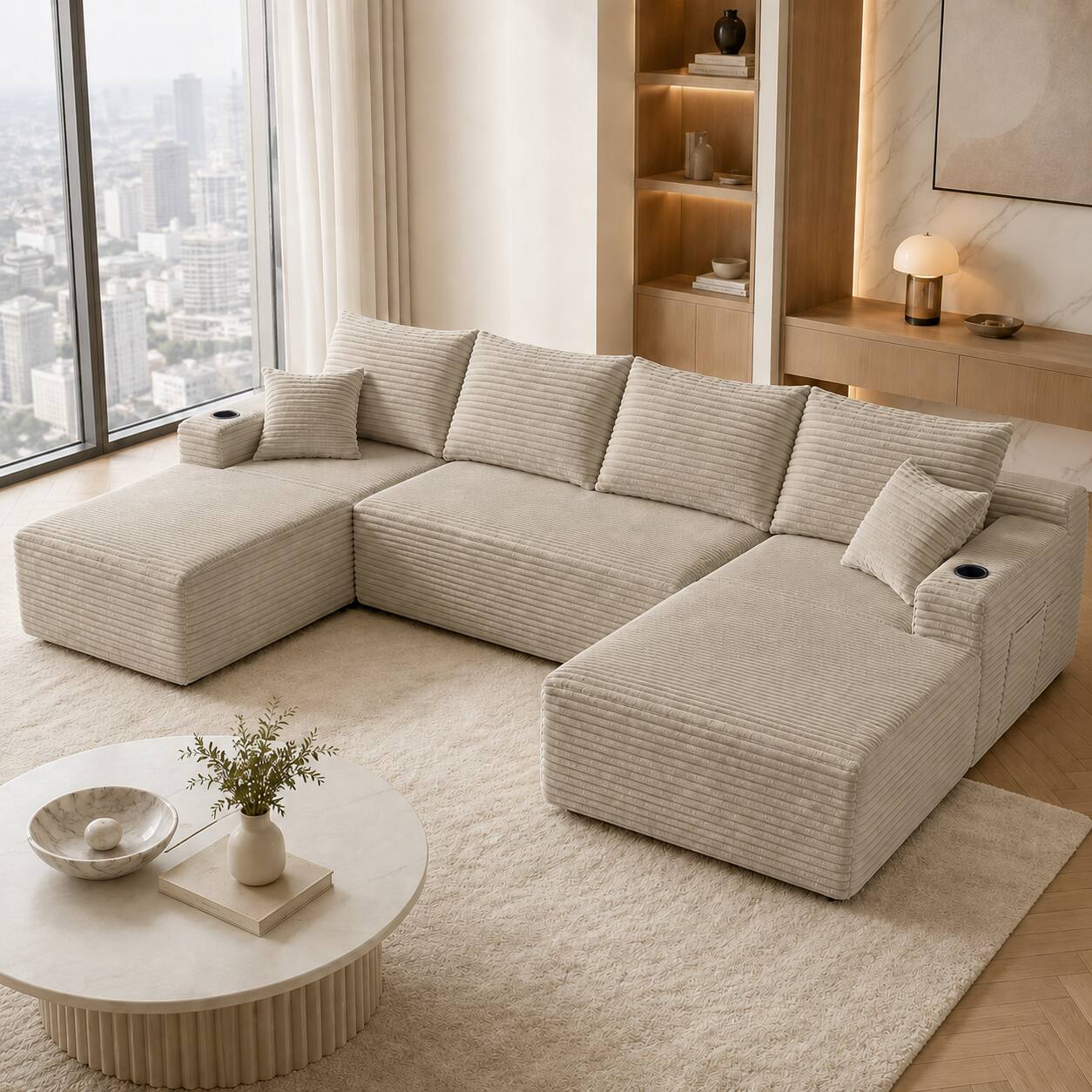 Angle. Anysun - 134" Modern Modular Design U-Shape Cloud Sectional Sofa with Side Pockets & Cup Holders, Deep Seating - Camel.