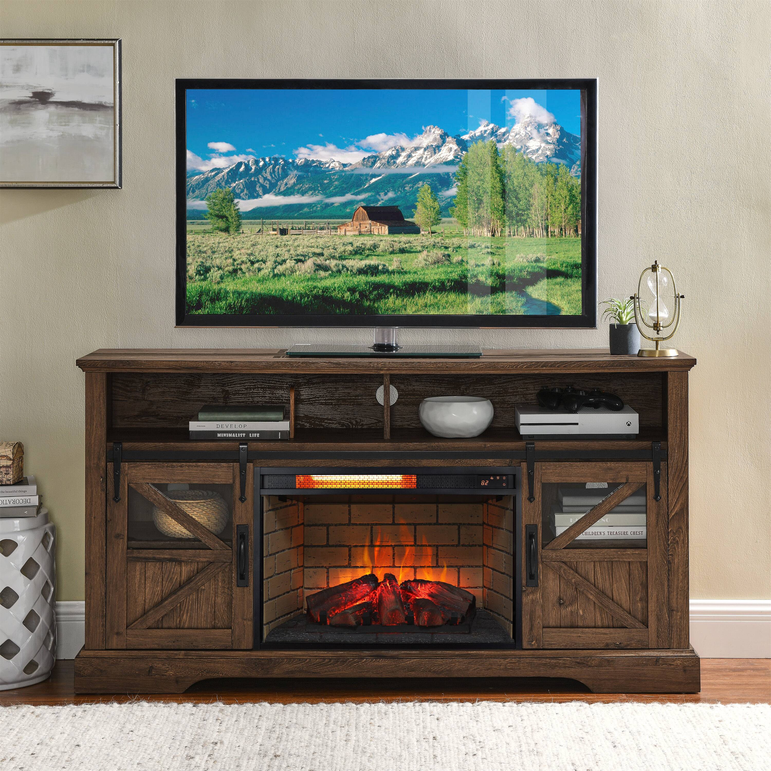 Angle. Mondawe - 26" Infrared Quartz Electric Fireplace Insert with Wood Logs and Brick Design - Black.