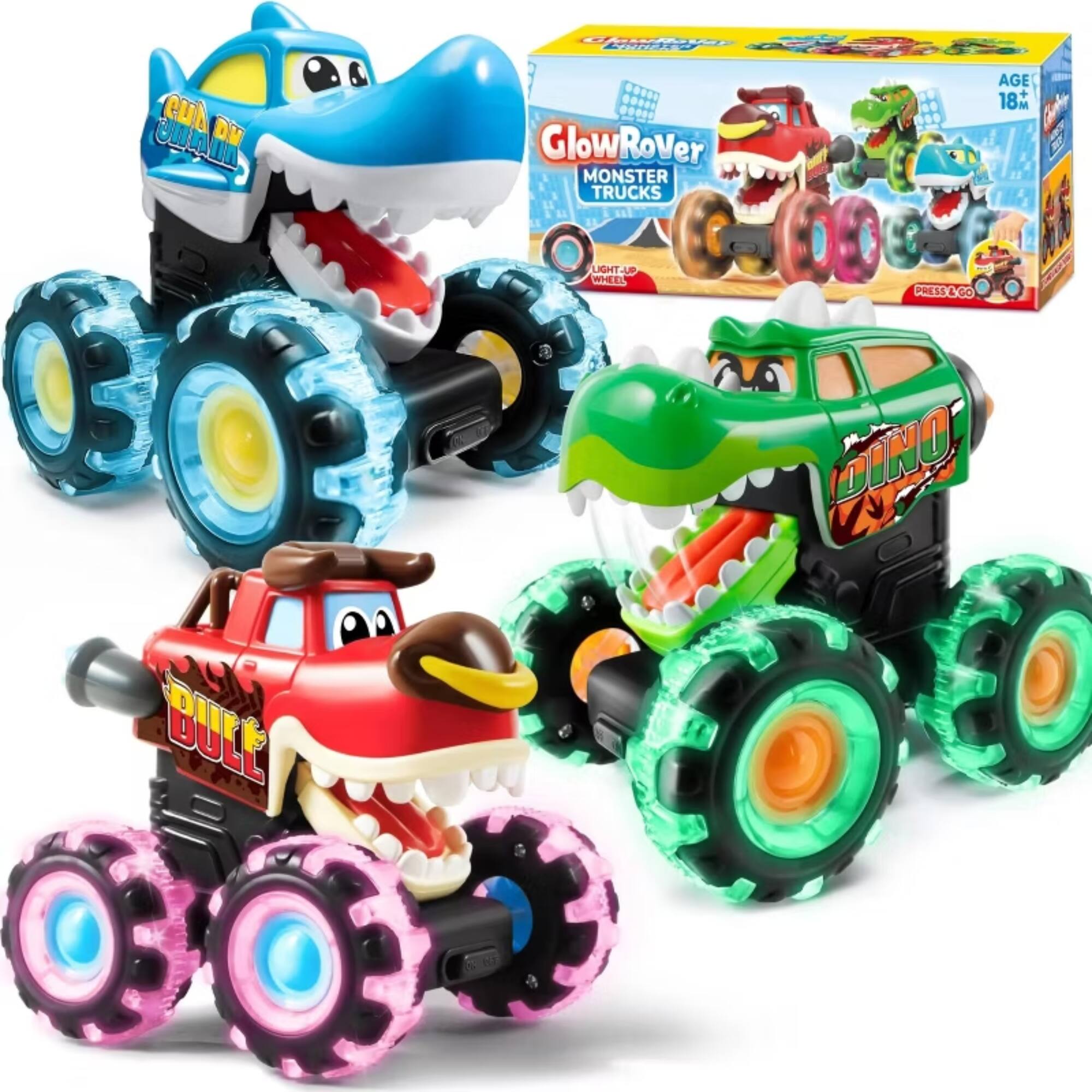 GlowRover MONSTER TRUCKS AGE 18+ M  
LIGHT-UP WHEELS  
PRESS & GO  
DINO  
BULL