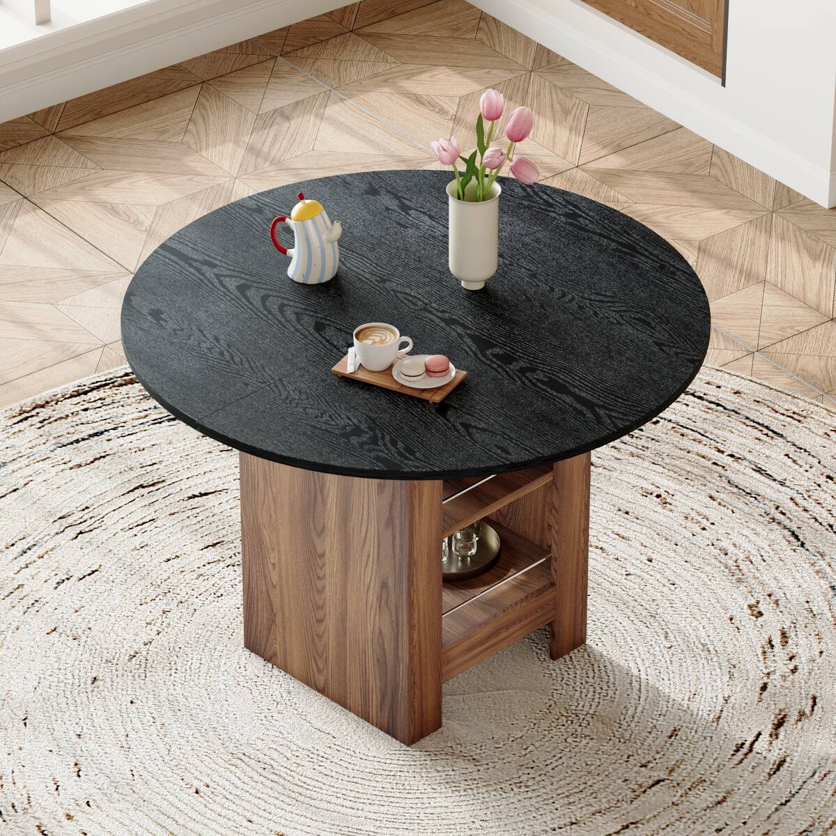 Left. Loheer - Loheer 42 inch Round Dining Table with Storage Shelves, Black MDF Top, 30 inch High - Black and Wood.