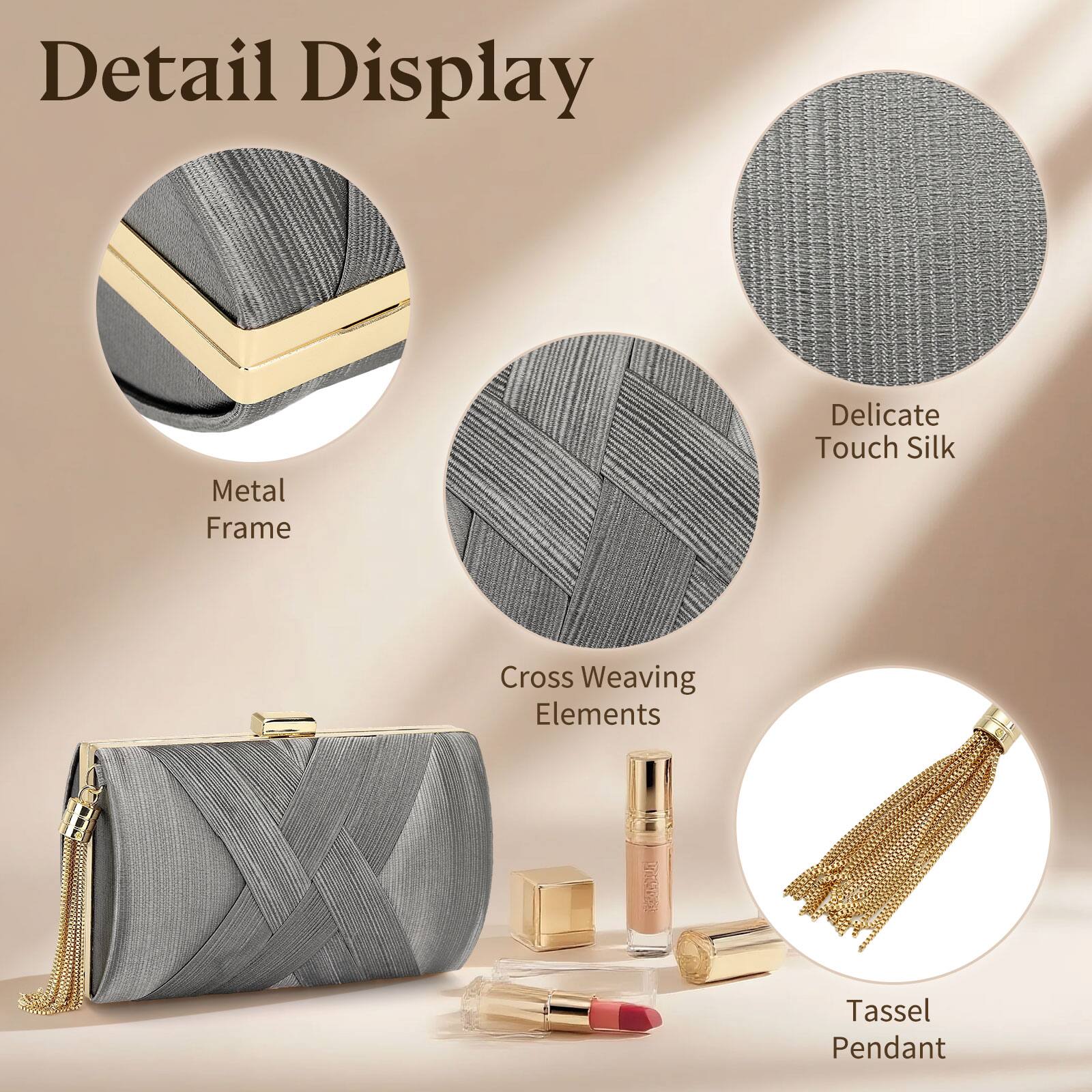 Detail Display

- Metal Frame
- Delicate Touch Silk
- Cross Weaving Elements
- Tassel Pendant