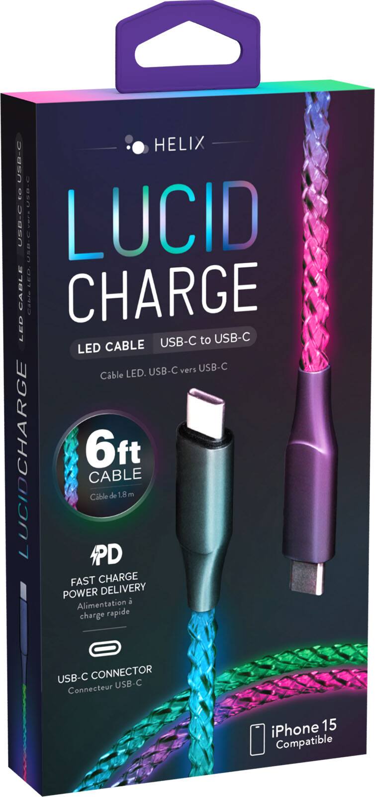 The text on the image is grouped and corrected as follows:

"HELIX USB-C to USB-C LED Cable USB-C vers USB-C LED CABLE USB-C USB-C vers USB-C Cable de 1.8 m 4PD FAST CHARGE POWER DELIVERY Alimentation charge rapide USB-C CONNECTOR Connecteur USB-C iPhone 15 Compatible"