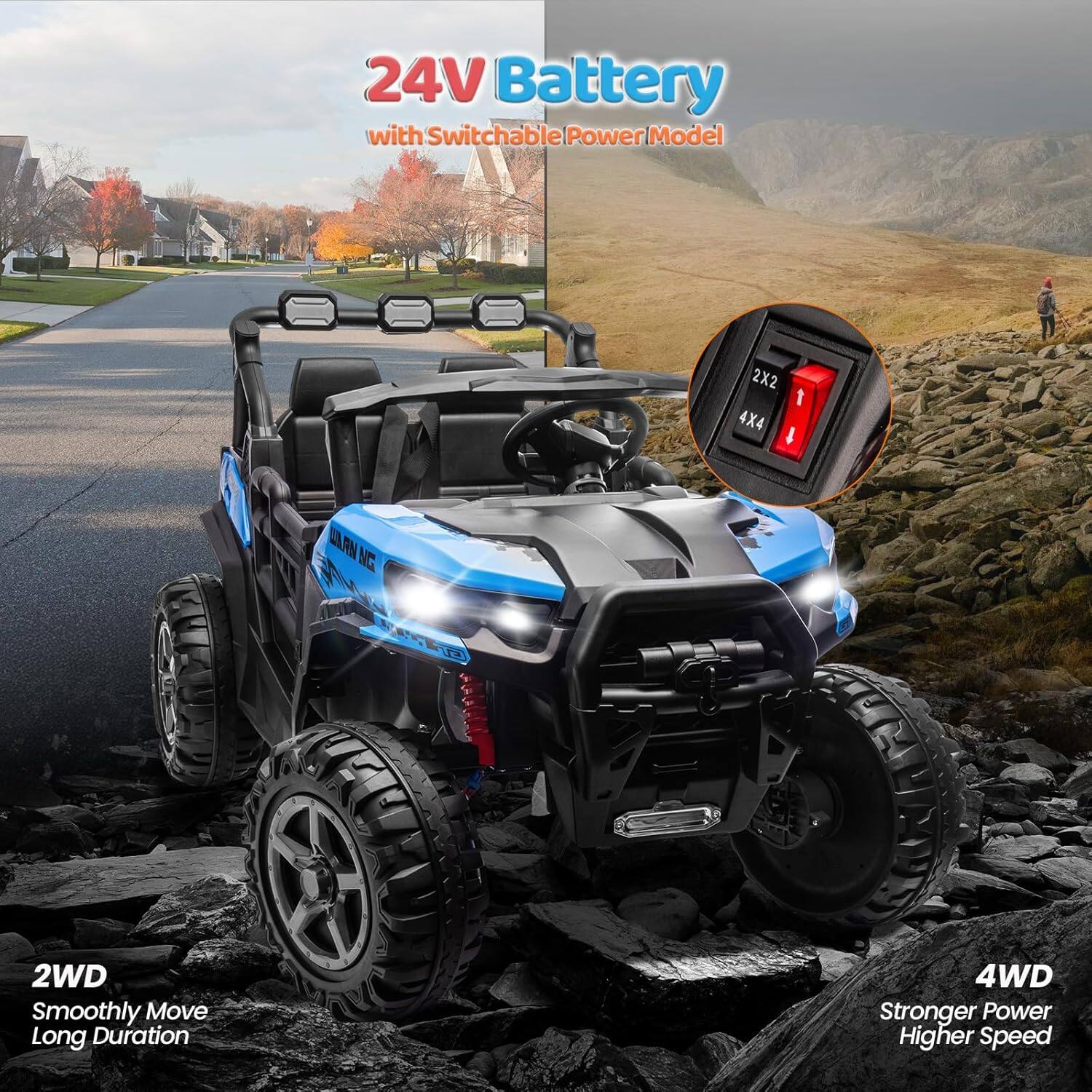 24V Battery with Switchable Power Model

2X2 4X4

2WD
Smoothly Move
Long Duration

4WD
Stronger Power
Higher Speed