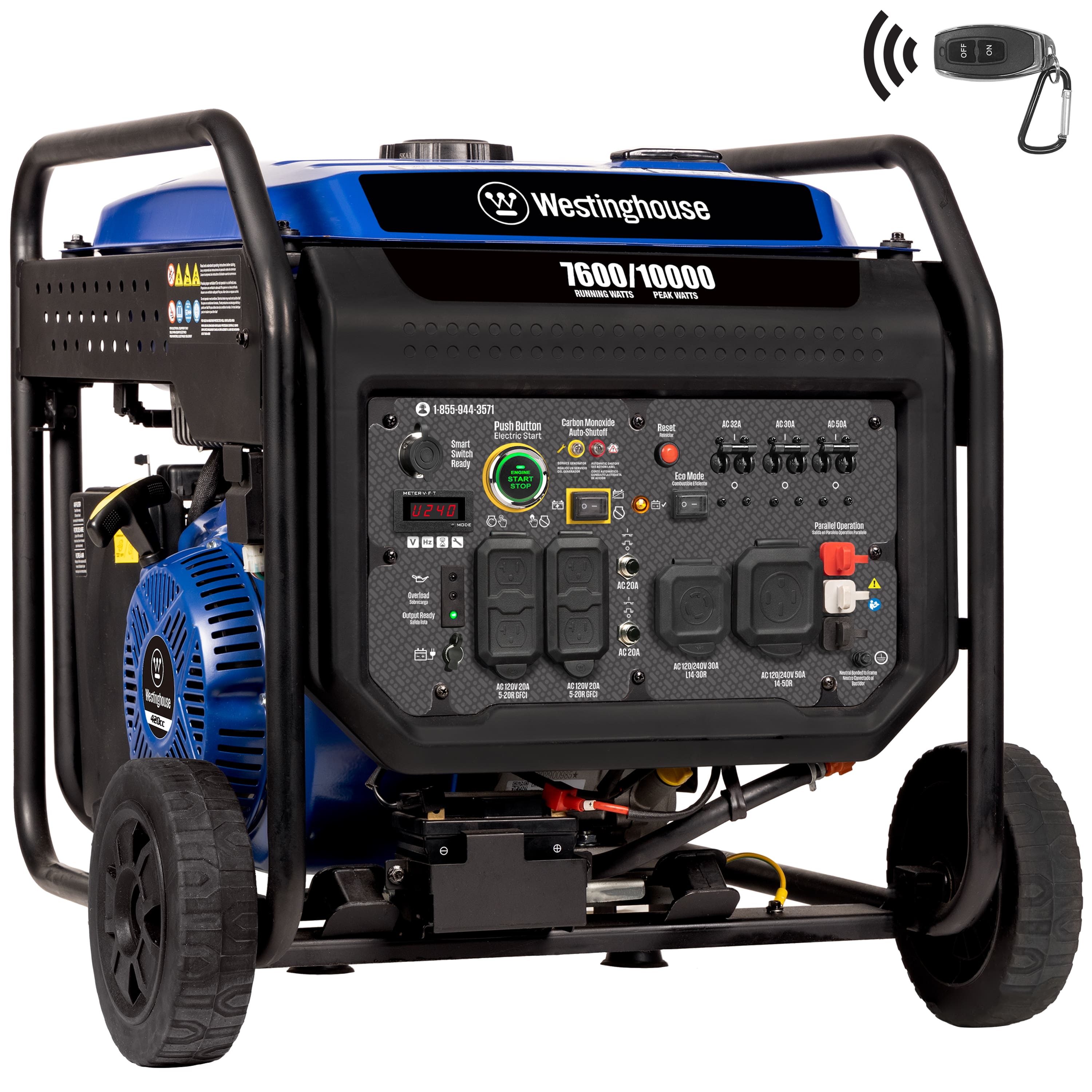 Westinghouse - 10,000-Watt Gas Powered Portable Inverter Generator with Remote Start, Low THD and 50 Amp Outlet for Home Backup - Blue