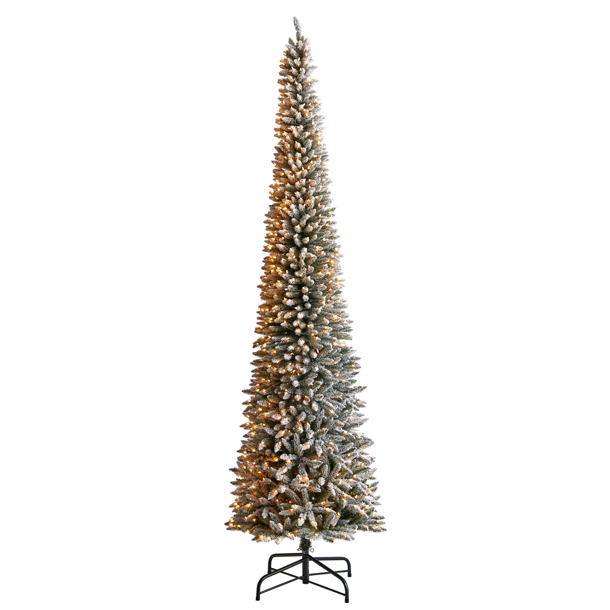 BreeBe - 12’ Flocked Pencil Artificial Christmas Tree with 1000 Light - White, Green