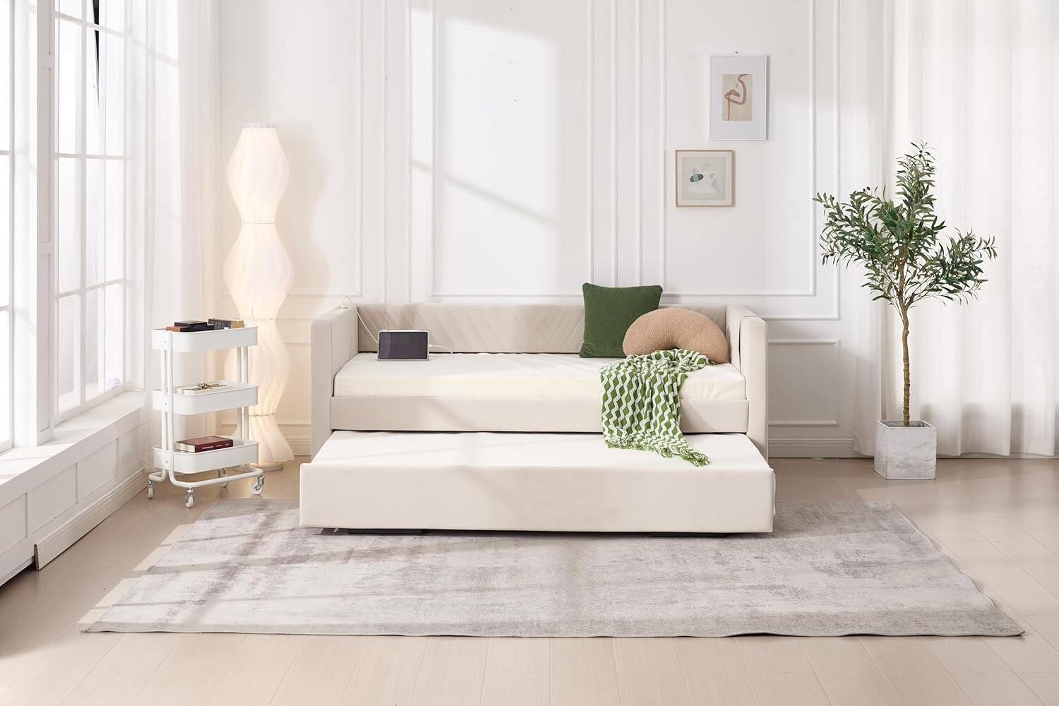 Alt View 6. Trinkets Crazed - Twin Daybed with Pop Up Trundle, Velvet Upholstered Extendable Daybed with USB Ports & Pockets - beige.