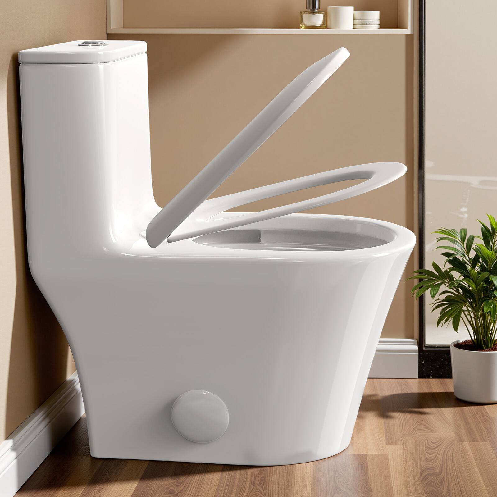 Angle. Koligey - Modern One Piece Toilet With Dual-flush Siphon Jet, 12 Rough In ,Soft-Close Seat & Lid, Minimalist Space-Saving Design - White.