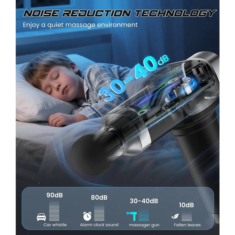 **NOISE REDUCTION TECHNOLOGY**

Enjoy a quiet massage environment

- 30-40dB
- 90dB
- 80dB
- 10dB

- Car whistle
- Alarm clock sound
- Massager gun
- Fallen leaves