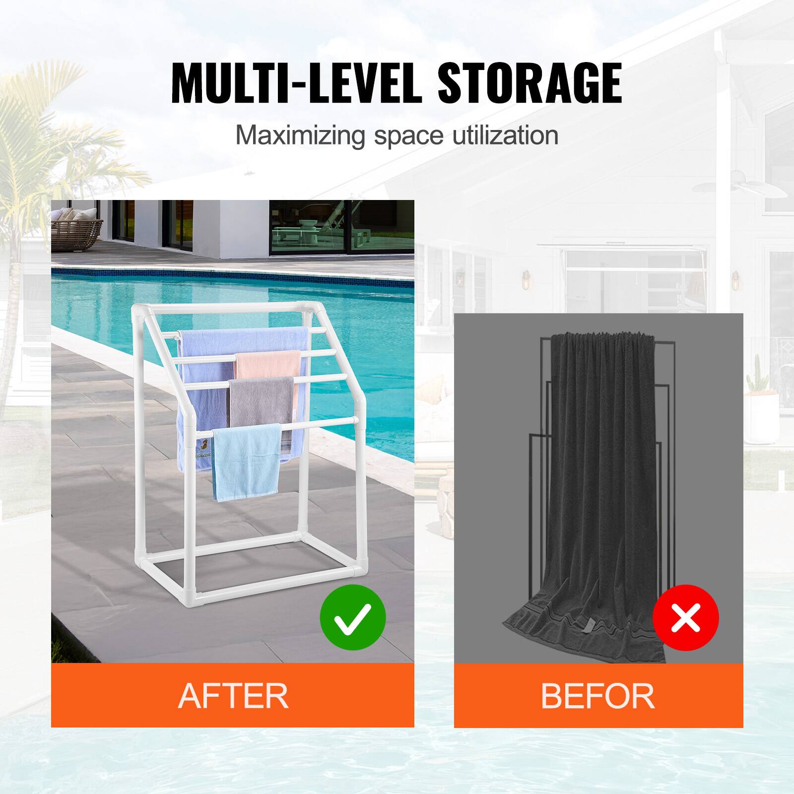 The corrected text from the image is:

"MULTI-LEVEL STORAGE
Maximizing space utilization

AFTER
BEFORE"
