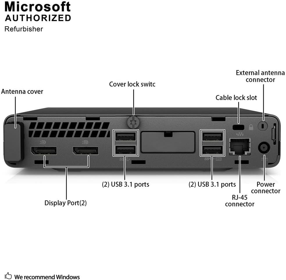 Microsoft AUTHORIZED Refurbisher

Antenna cover  
Cover lock switch  
External antenna connector  
Cable lock slot  

Display Port(2)  
(2) USB 3.1 ports  
(2) USB 3.1 ports  
Power connector  
RJ-45 connector  

We recommend Windows